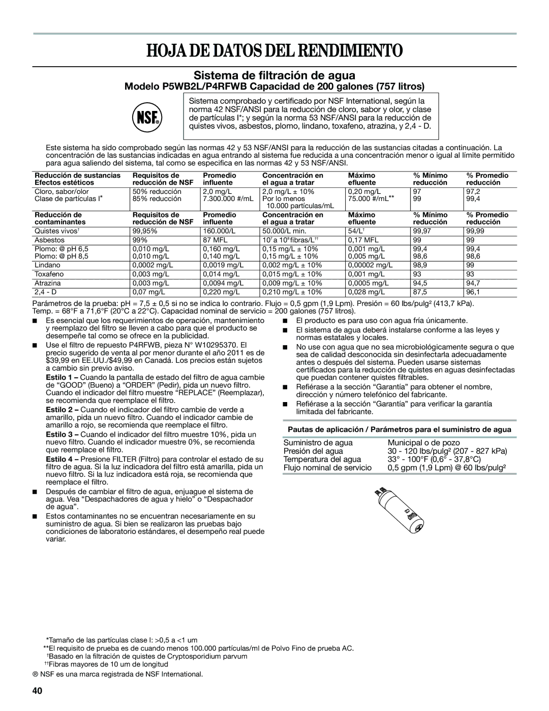 Whirlpool ED2KHAXVT, GSF26C4EXT manual Hoja DE Datos DEL Rendimiento, Sistema de filtración de agua 