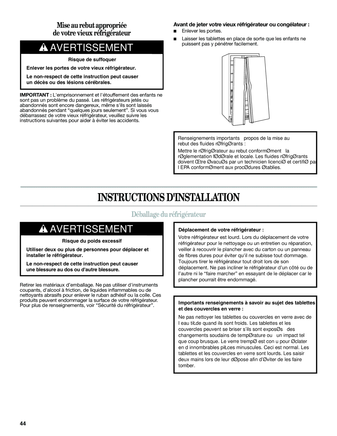 Whirlpool ED2KHAXVT, GSF26C4EXT manual Instructions Dinstallation, Déballage duréfrigérateur 