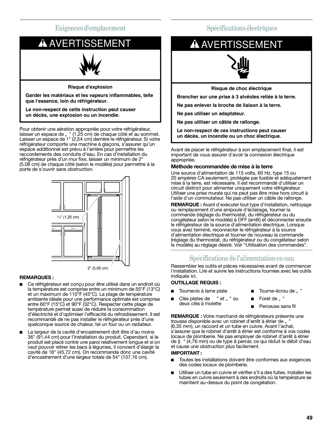 Whirlpool GSF26C4EXT, ED2KHAXVT Exigences demplacement, Spécifications électriques, Spécifications del’alimentationen eau 