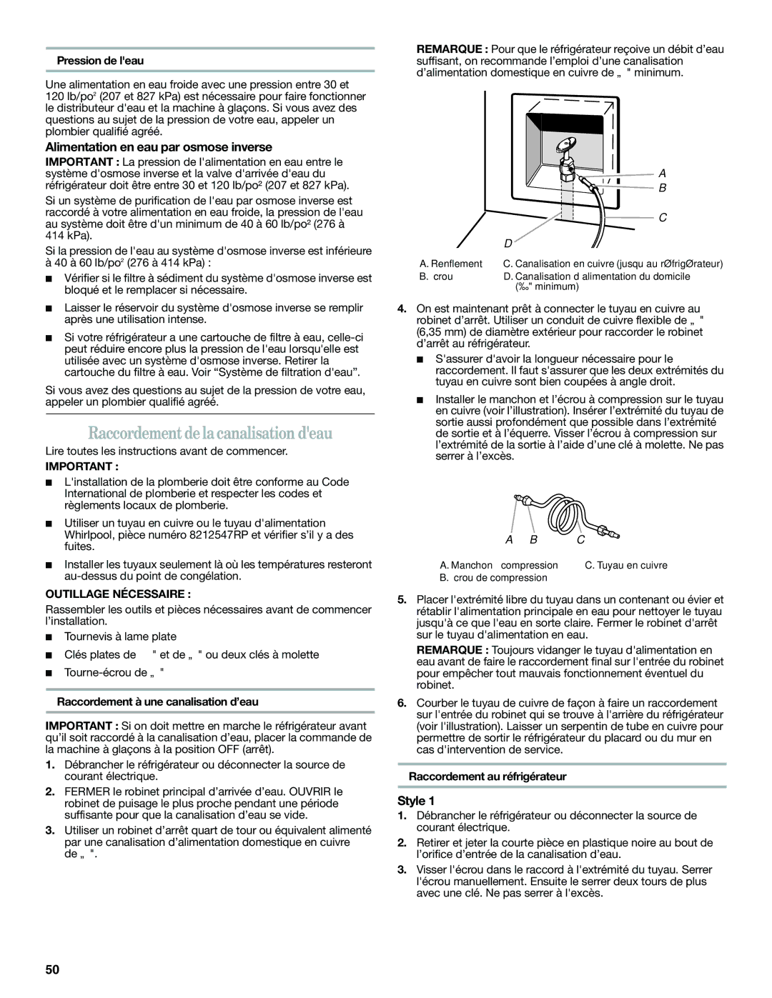 Whirlpool ED2KHAXVT manual Raccordement de la canalisation deau, Alimentation en eau par osmose inverse, Pression de leau 