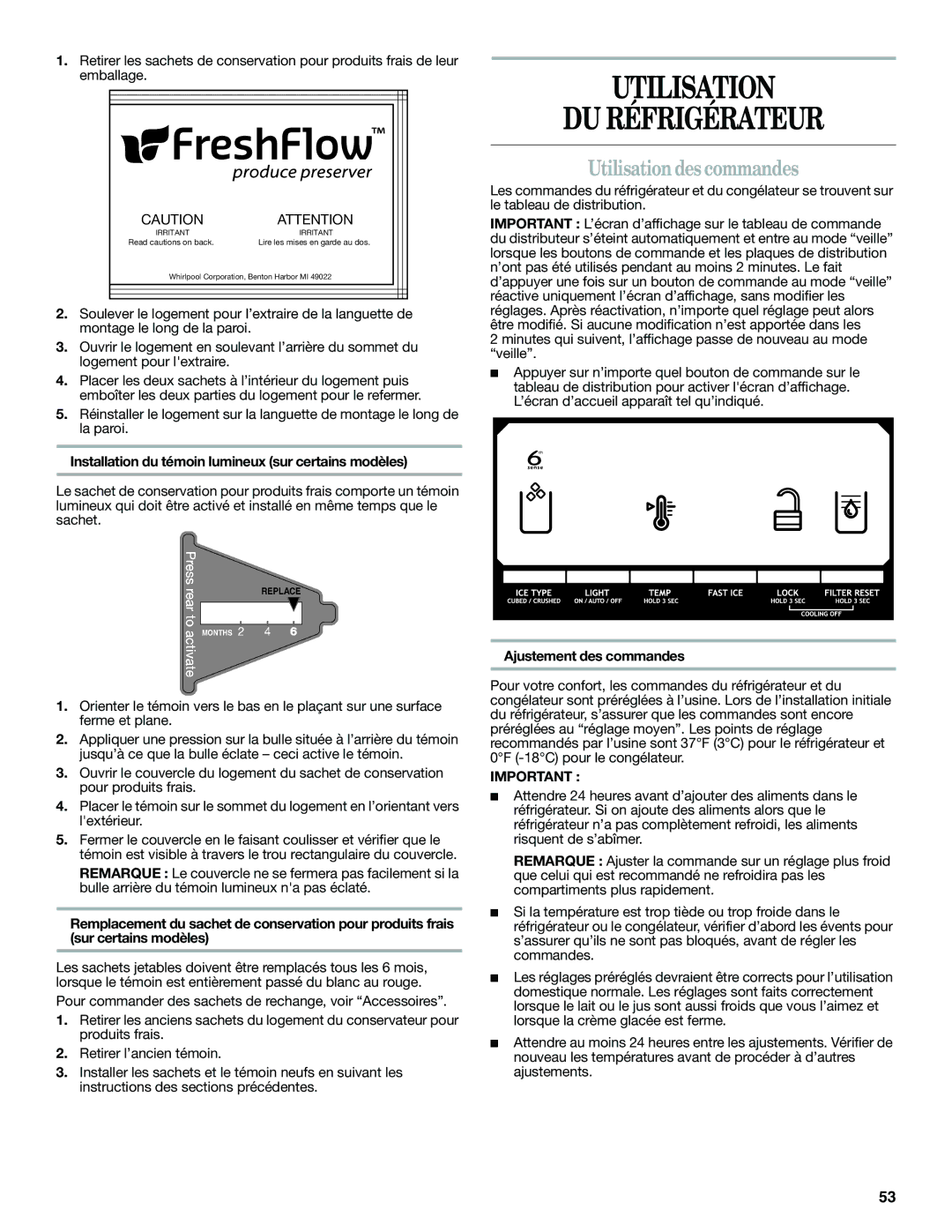 Whirlpool GSF26C4EXT, ED2KHAXVT manual Utilisation DU Réfrigérateur, Utilisation des commandes, Ajustement des commandes 