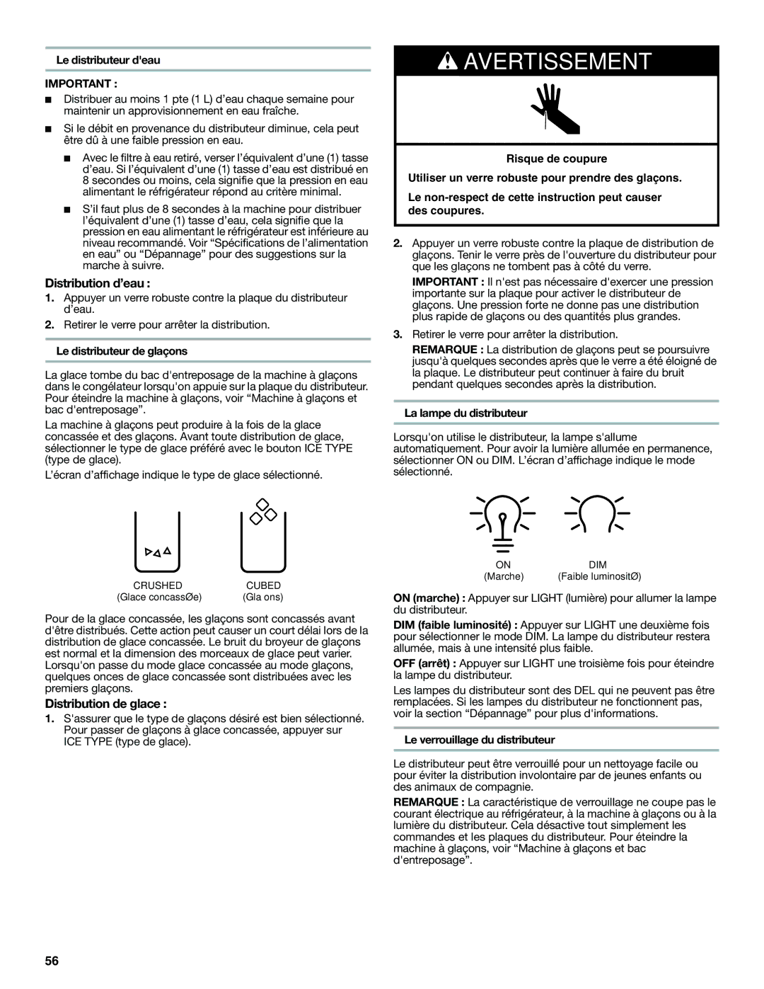 Whirlpool ED2KHAXVT, GSF26C4EXT manual Distribution d’eau, Distribution de glace 