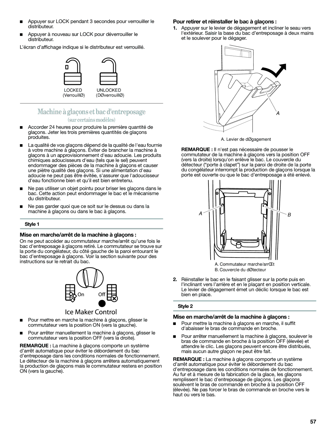 Whirlpool GSF26C4EXT, ED2KHAXVT manual Machine à glaçons et bac dentreposage, Mise en marche/arrêt de la machine à glaçons 