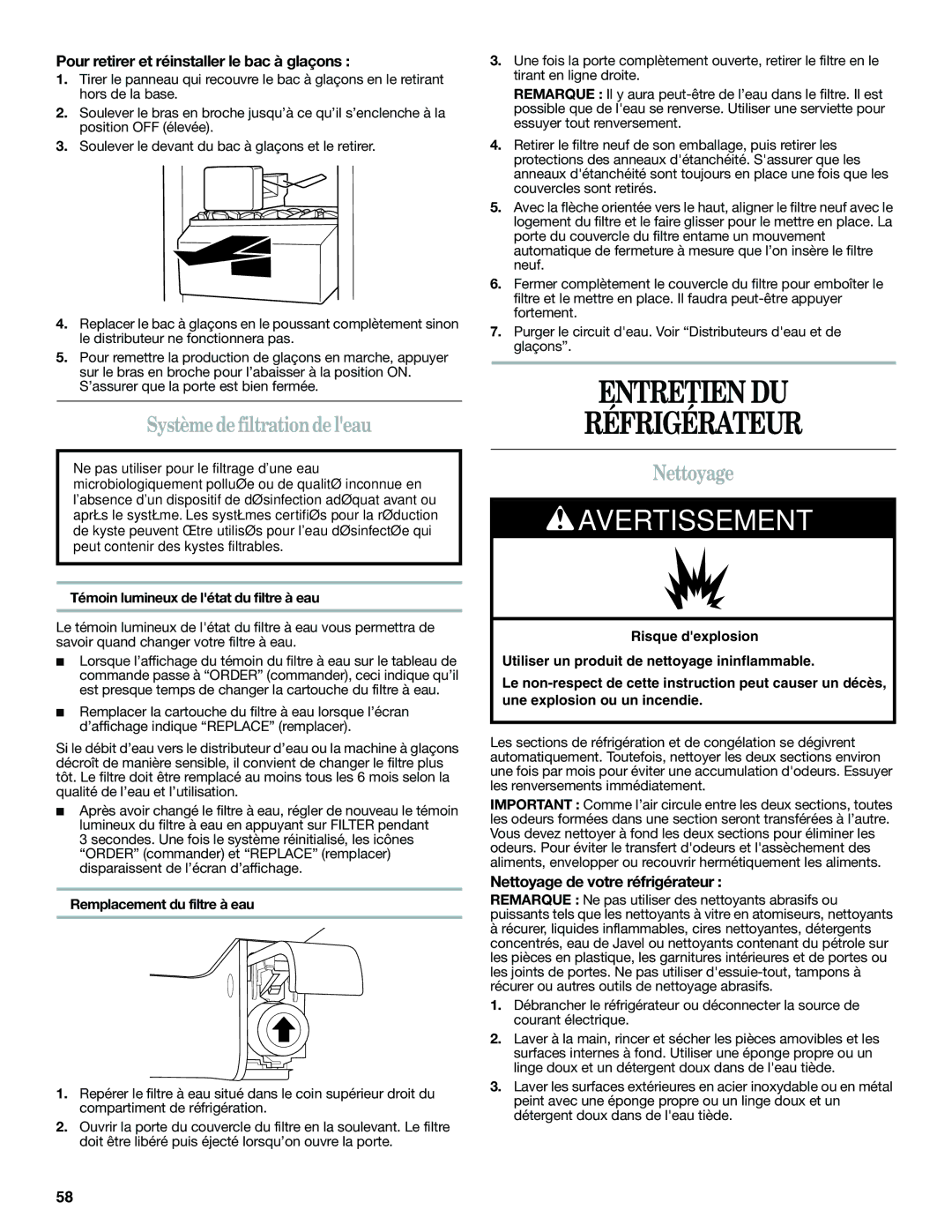 Whirlpool ED2KHAXVT manual Entretien DU Réfrigérateur, Système de filtrationde leau, Nettoyage de votre réfrigérateur 