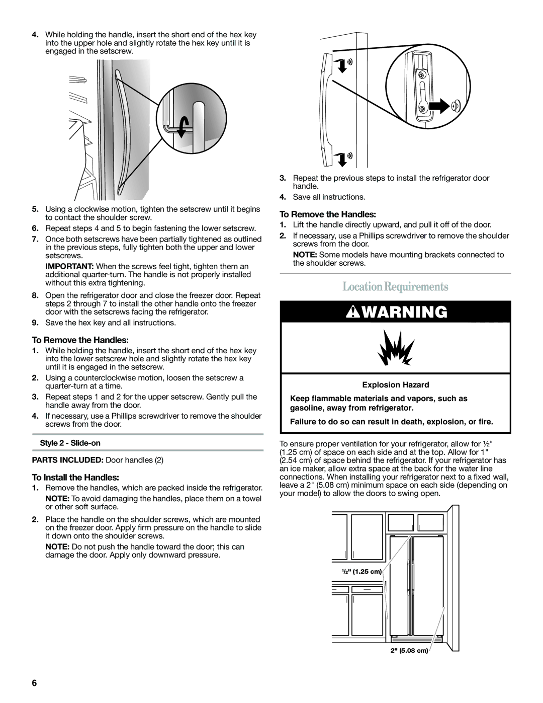 Whirlpool ED2KHAXVT, GSF26C4EXT LocationRequirements, To Remove the Handles, Style 2 Slide-on Parts Included Door handles 