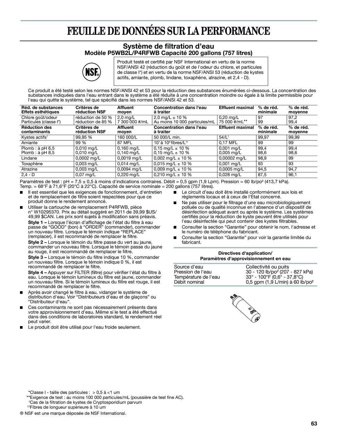 Whirlpool GSF26C4EXT, ED2KHAXVT manual Feuille DE Données SUR LA Performance, Système de filtration d’eau 