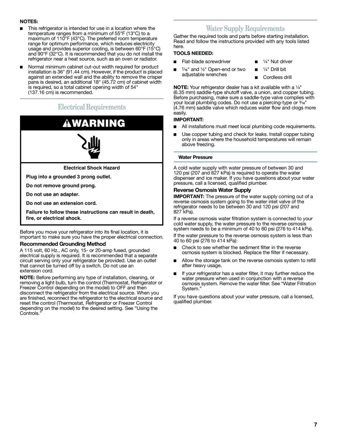 Whirlpool GSF26C4EXT Electrical Requirements, Water Supply Requirements, Recommended Grounding Method, Water Pressure 