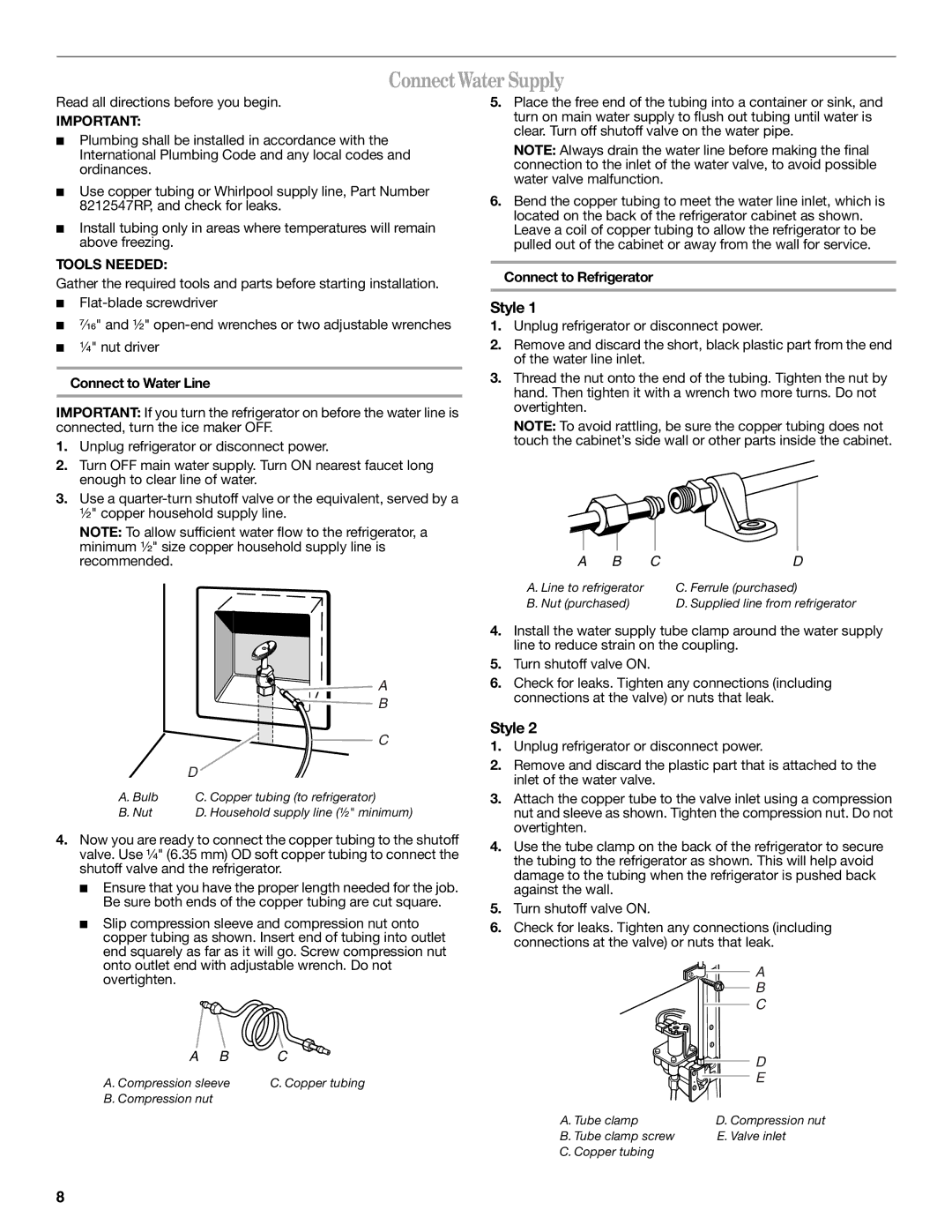 Whirlpool ED2KHAXVT, GSF26C4EXT manual Connect Water Supply, Style, Connect to Water Line, Connect to Refrigerator 