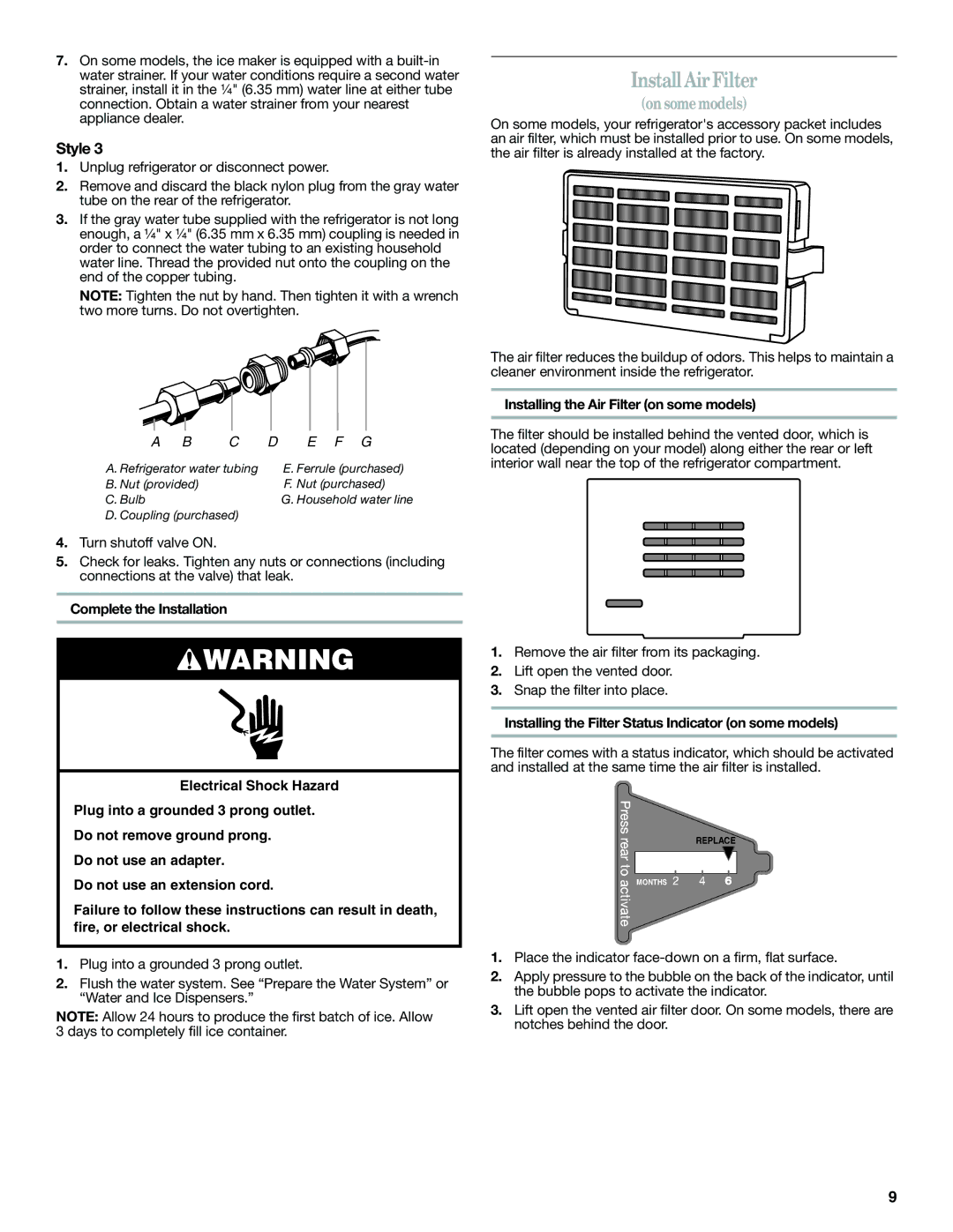 Whirlpool GSF26C4EXT, ED2KHAXVT manual Install Air Filter, Installing the Air Filter on some models 