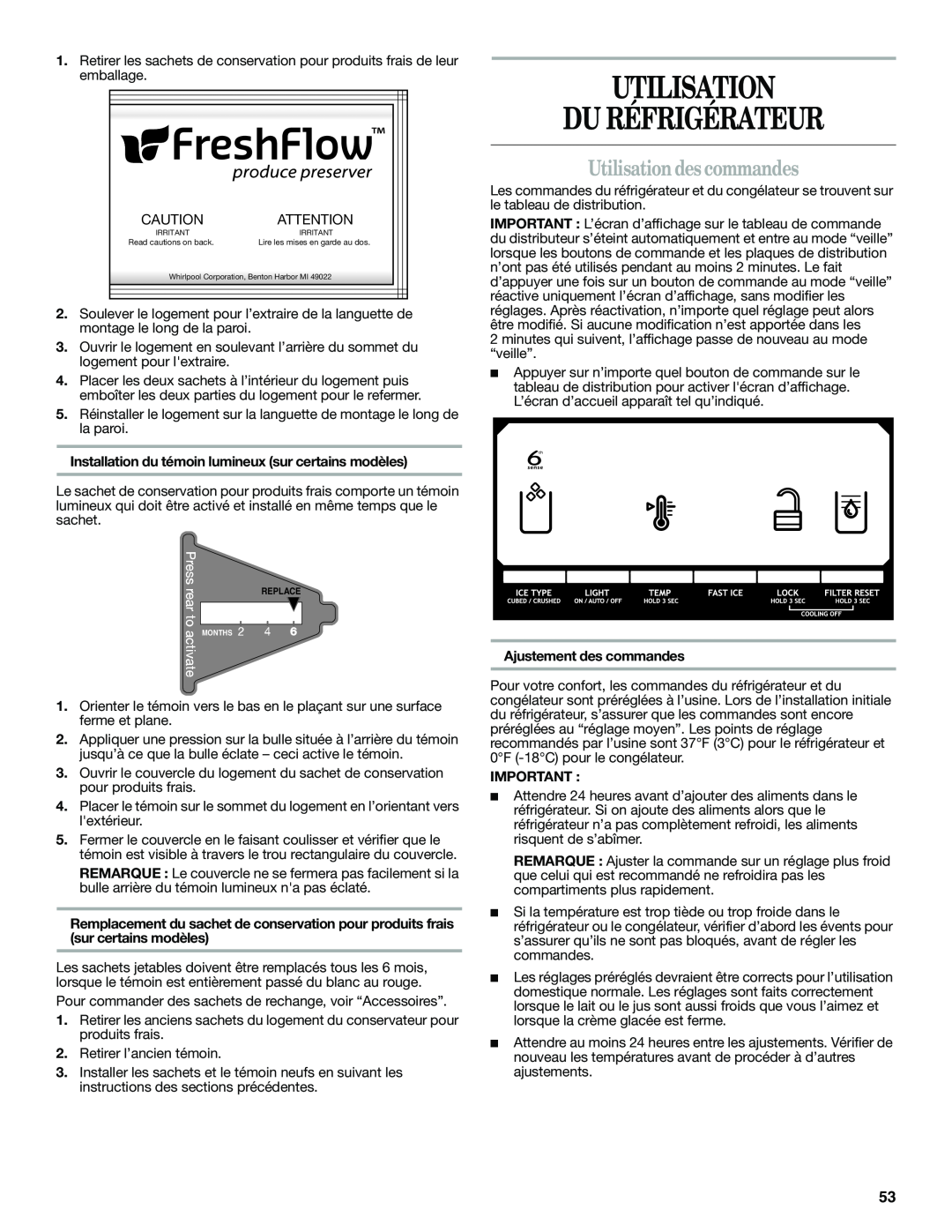 Whirlpool GSF26C4EXT, ED2KHAXVT manual Utilisation Du Réfrigérateur, Utilisation des commandes, Ajustement des commandes 