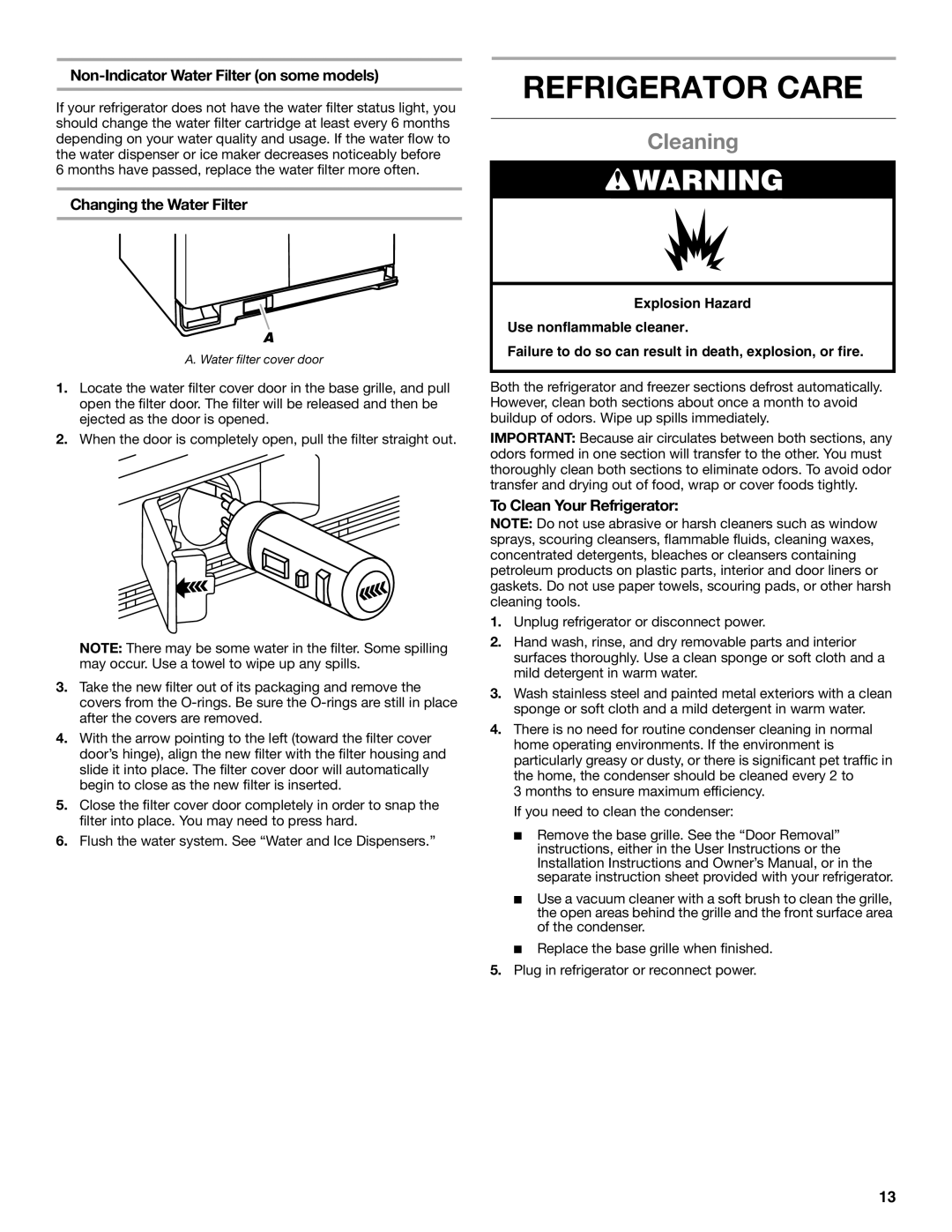 Whirlpool WRS325FDAM Refrigerator Care, Cleaning, Non-Indicator Water Filter on some models, Changing the Water Filter 