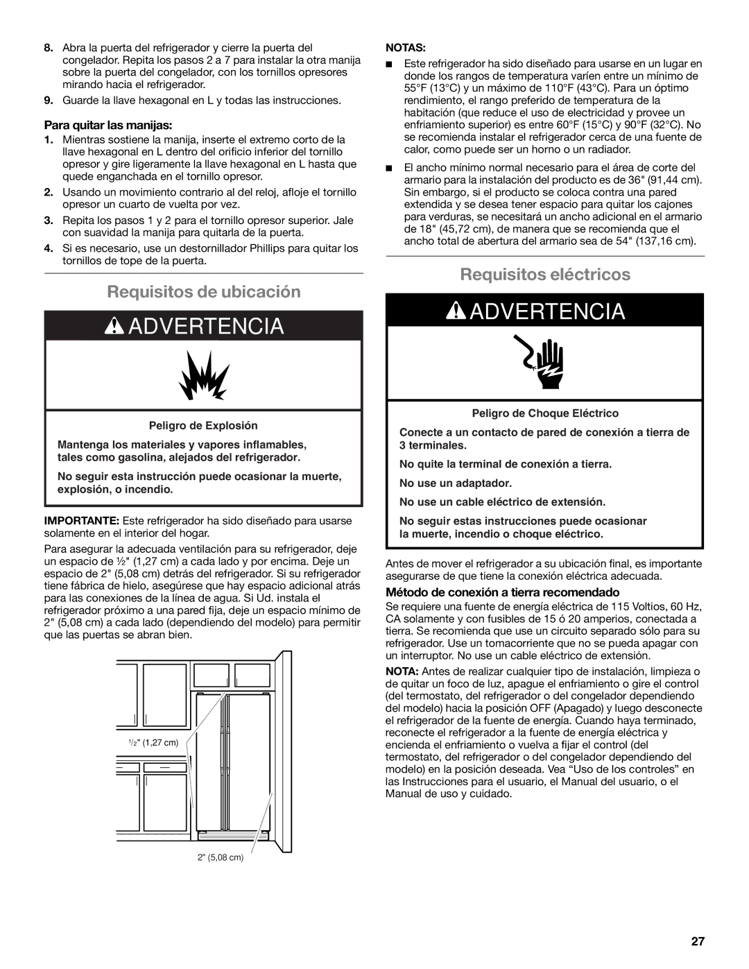 Whirlpool WRS322FDAM, ED2KVEXVB, WRS325FDAM Requisitos de ubicación, Requisitos eléctricos, Para quitar las manijas, Notas 