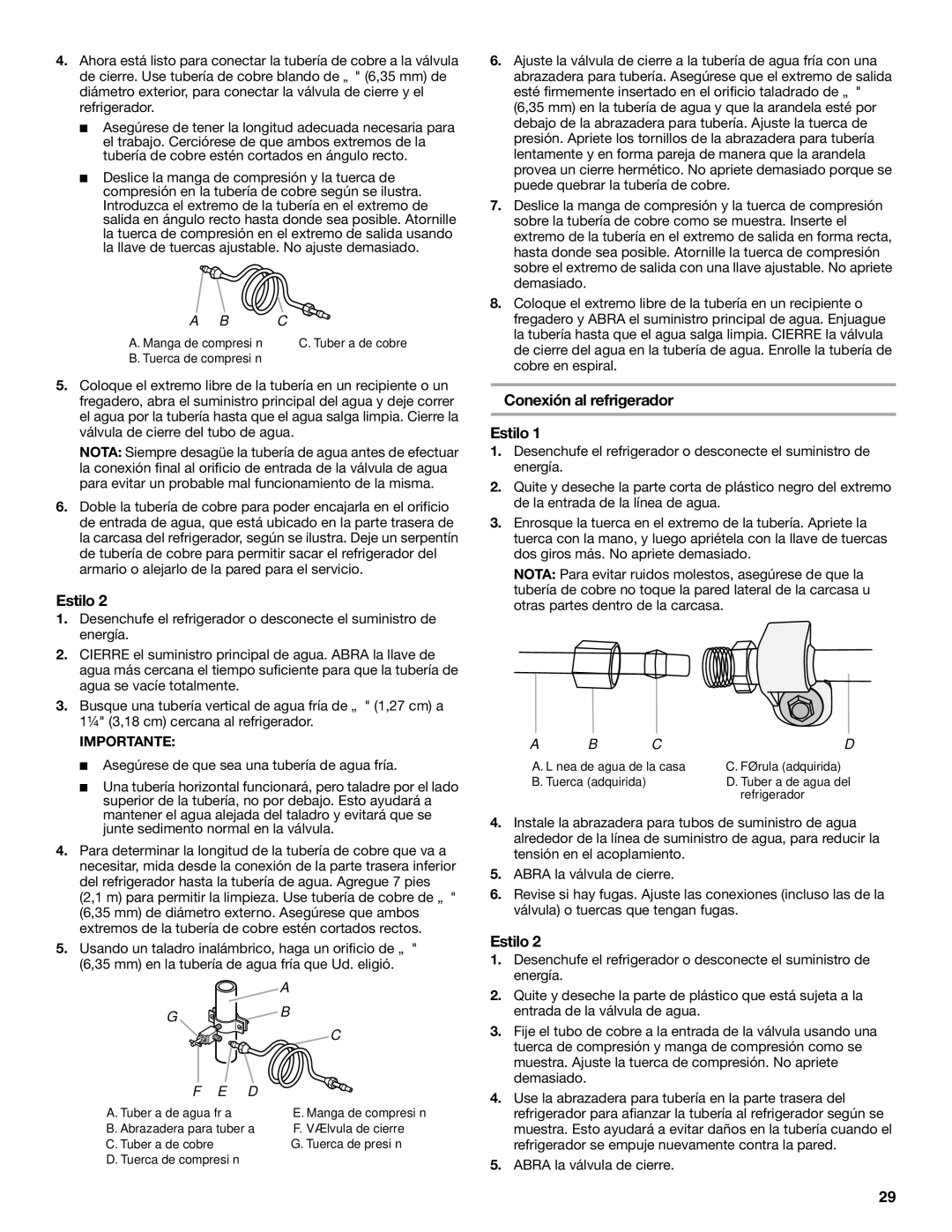 Whirlpool WRS325FDAM, ED2KVEXVB, WRS325FDAW, WRS322FDAM installation instructions Conexión al refrigerador Estilo 