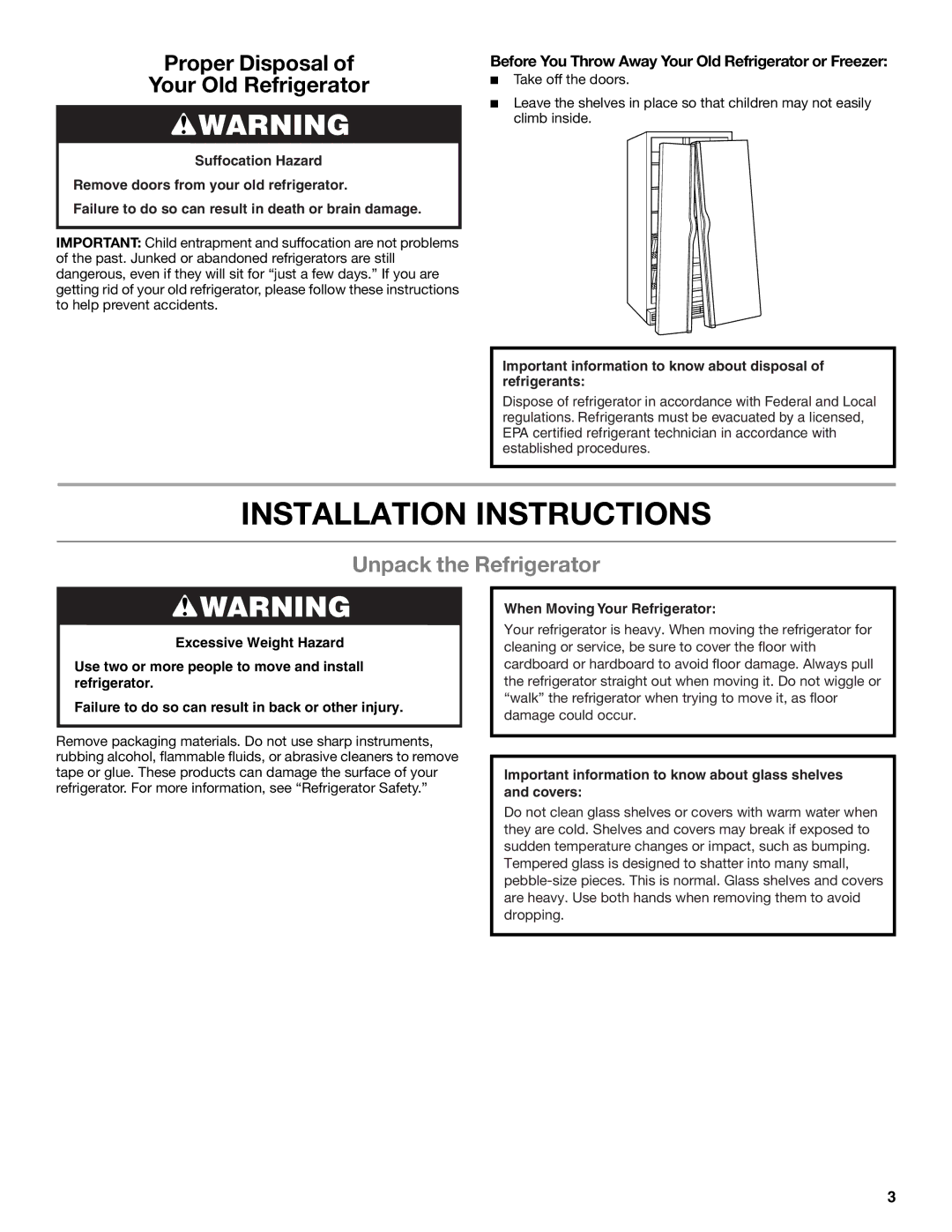 Whirlpool WRS322FDAM, ED2KVEXVB, WRS325FDAM, WRS325FDAW Installation Instructions, Unpack the Refrigerator 