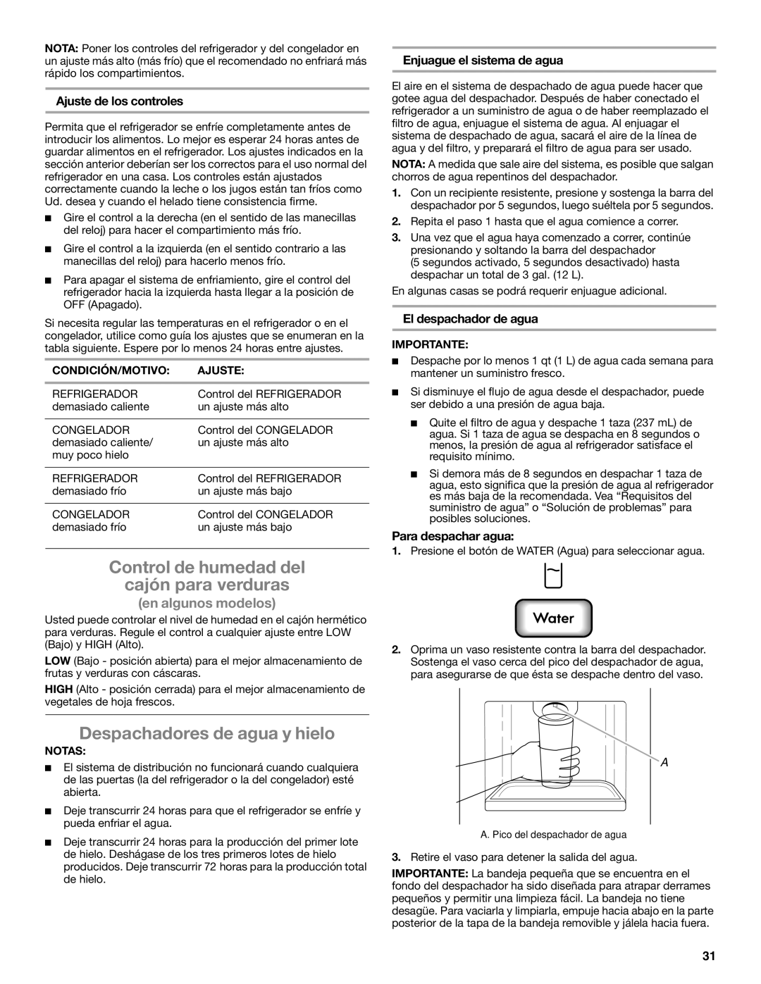 Whirlpool WRS322FDAM, ED2KVEXVB, WRS325FDAM Control de humedad del Cajón para verduras, Despachadores de agua y hielo 