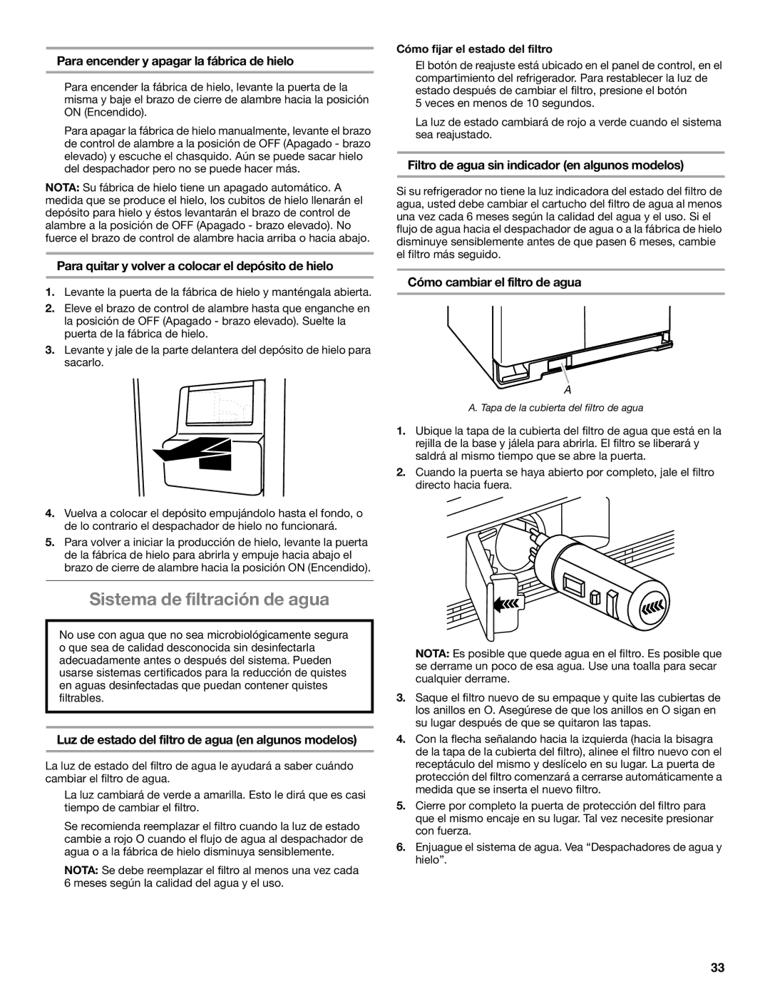 Whirlpool WRS325FDAM, ED2KVEXVB, WRS325FDAW, WRS322FDAM installation instructions Sistema de filtración de agua 