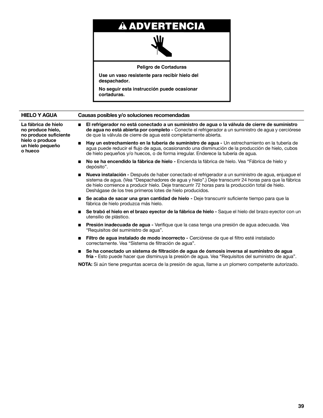 Whirlpool WRS322FDAM, ED2KVEXVB, WRS325FDAM, WRS325FDAW installation instructions Hielo Y Agua 