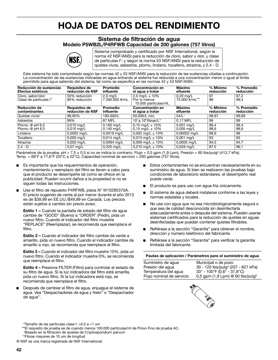 Whirlpool WRS325FDAW, ED2KVEXVB, WRS325FDAM, WRS322FDAM Hoja DE Datos DEL Rendimiento, Sistema de filtración de agua 