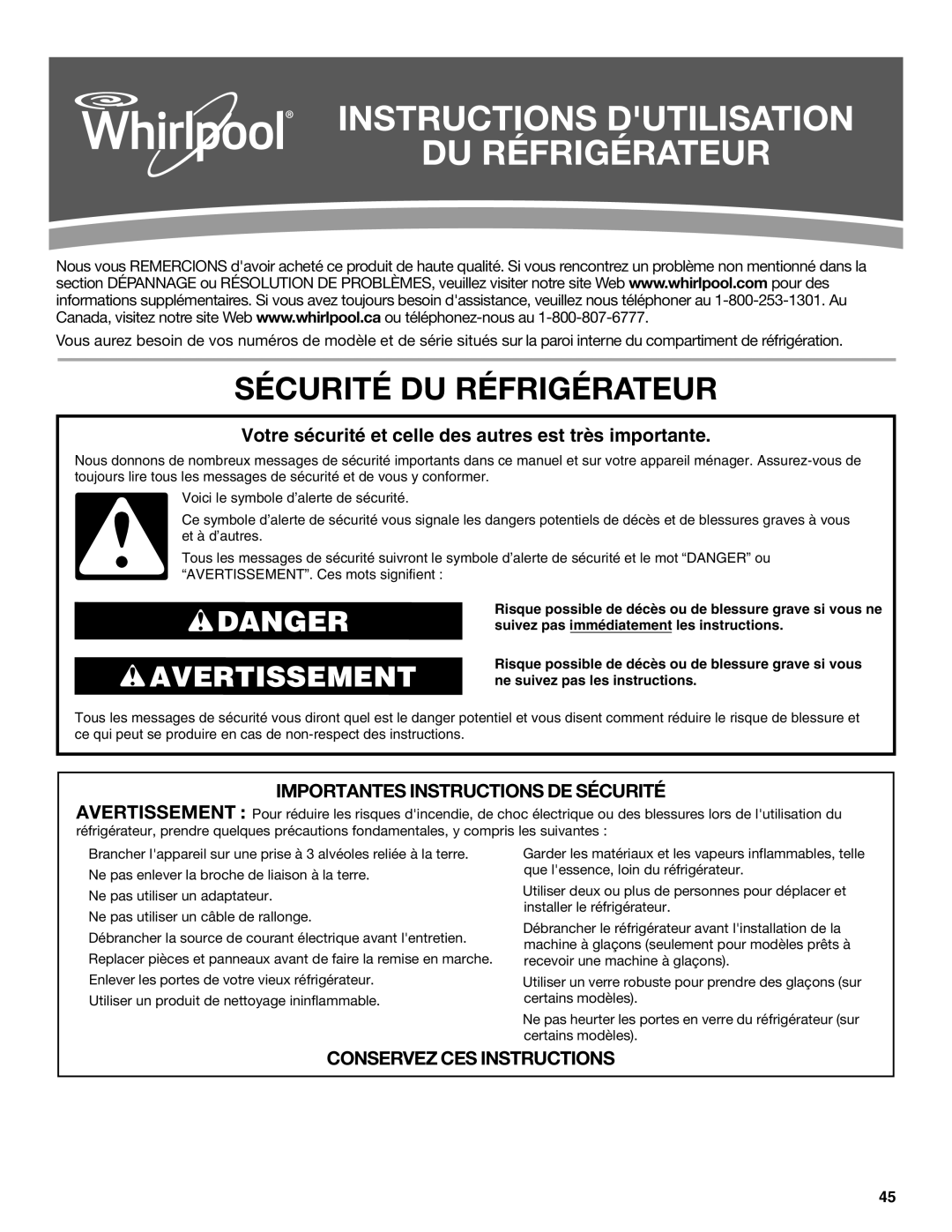 Whirlpool WRS325FDAM, ED2KVEXVB, WRS325FDAW Instructions Dutilisation DU Réfrigérateur, Sécurité DU Réfrigérateur 