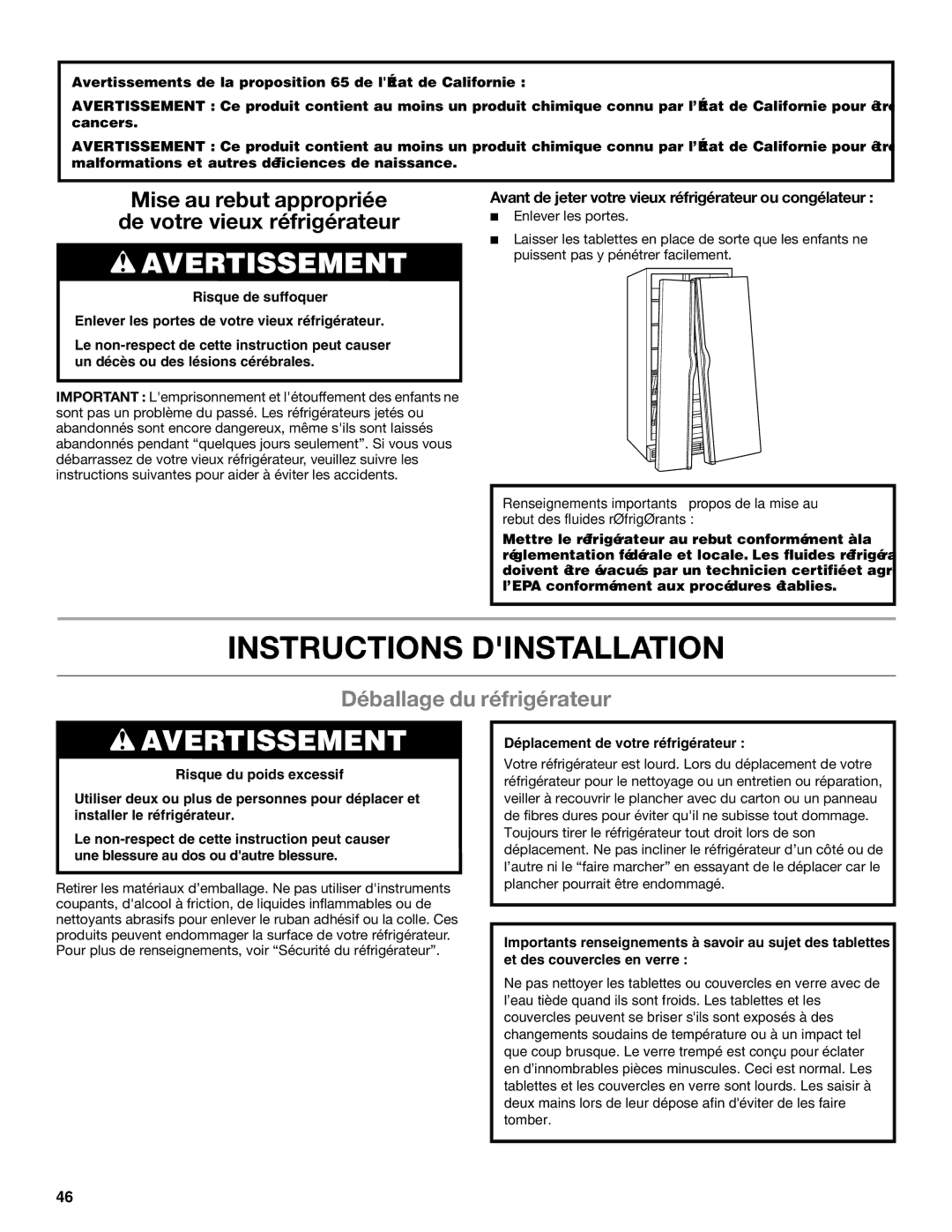 Whirlpool WRS325FDAW, ED2KVEXVB, WRS325FDAM, WRS322FDAM Instructions Dinstallation, Déballage du réfrigérateur 