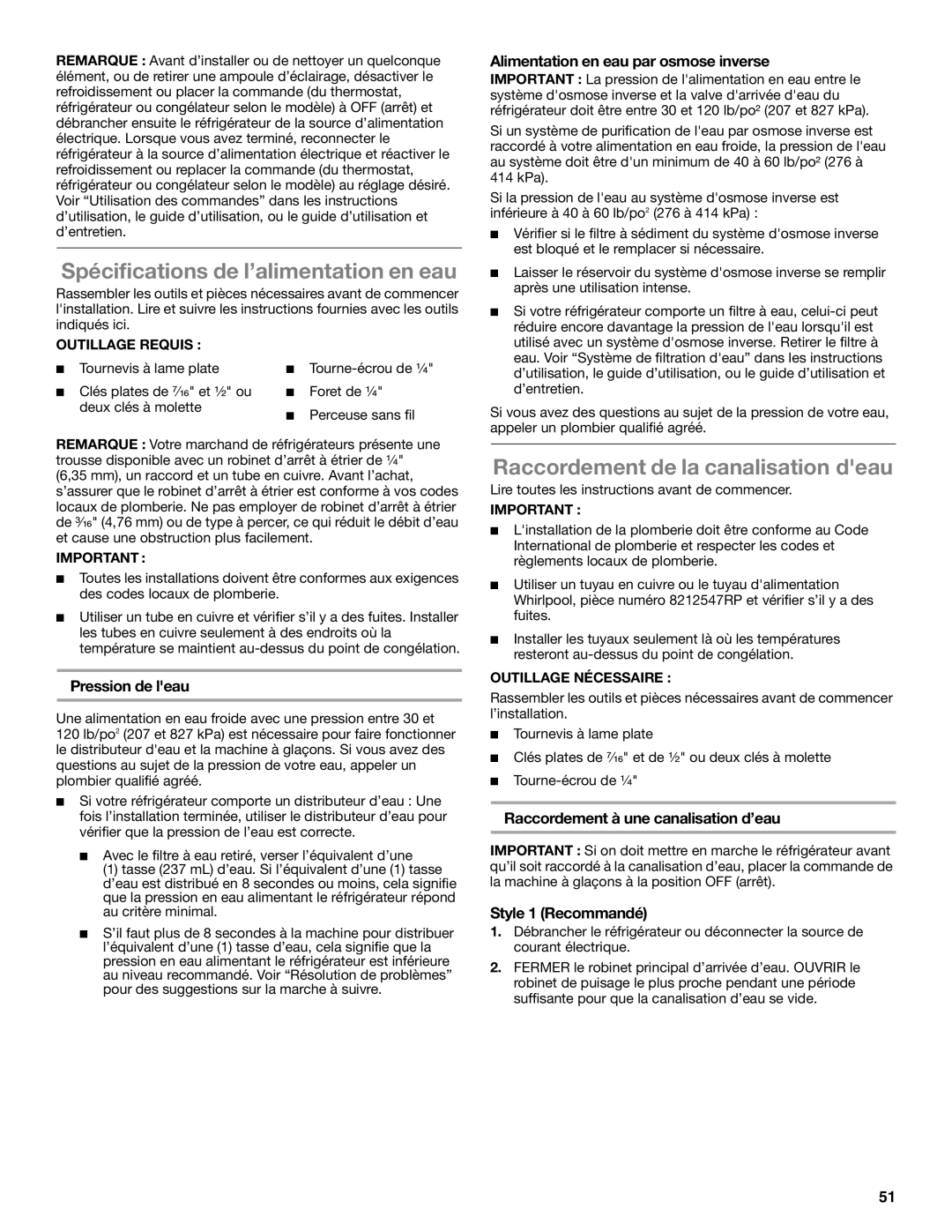 Whirlpool WRS322FDAM, ED2KVEXVB, WRS325FDAM Spécifications de l’alimentation en eau, Raccordement de la canalisation deau 