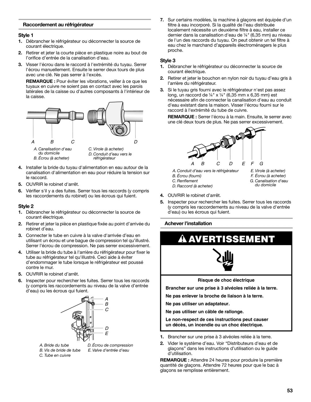 Whirlpool WRS325FDAM, ED2KVEXVB, WRS325FDAW, WRS322FDAM Raccordement au réfrigérateur Style, Achever l’installation 