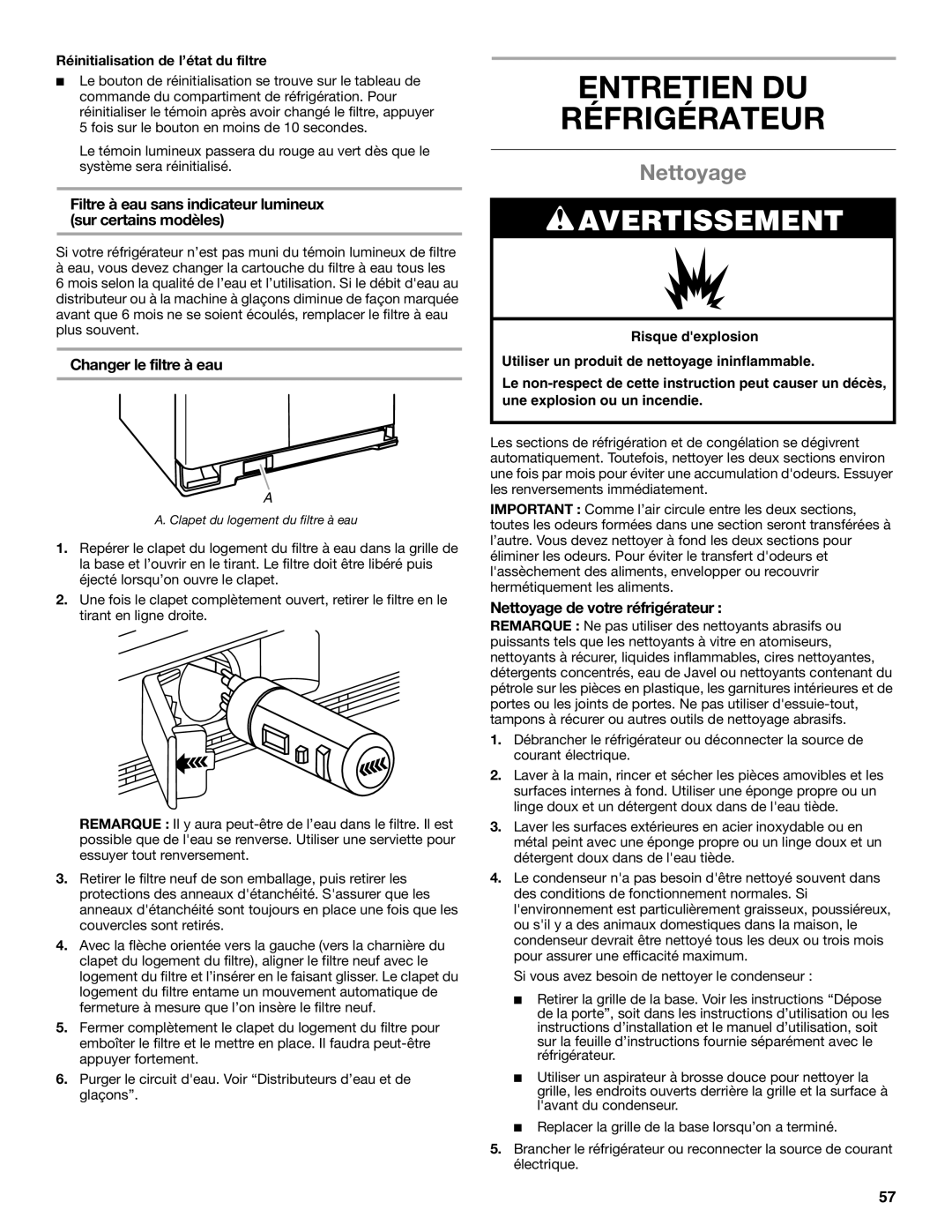 Whirlpool WRS325FDAM Entretien DU Réfrigérateur, Nettoyage, Filtre à eau sans indicateur lumineux sur certains modèles 