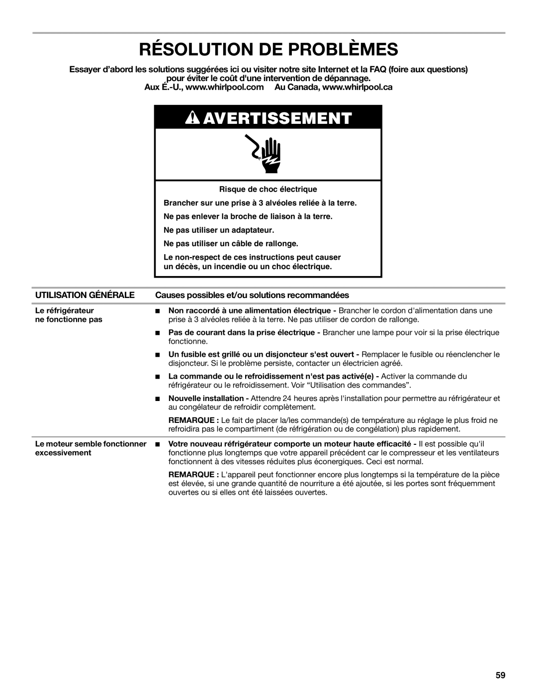 Whirlpool WRS322FDAM Résolution DE Problèmes, Utilisation Générale, Causes possibles et/ou solutions recommandées 