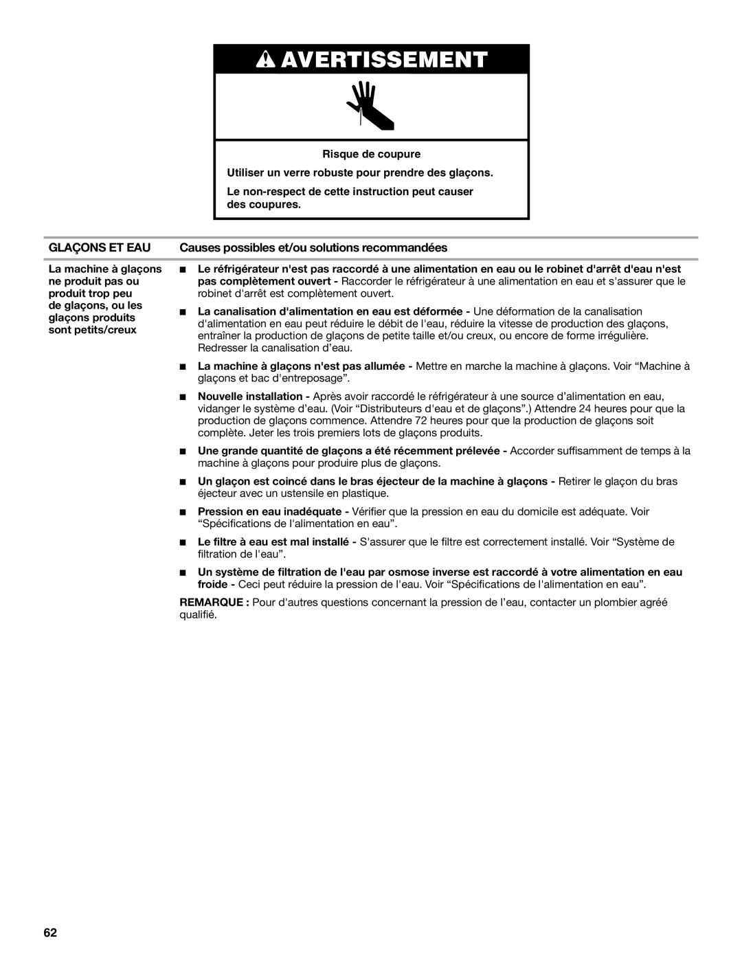 Whirlpool WRS325FDAW, ED2KVEXVB, WRS325FDAM, WRS322FDAM installation instructions Glaçons ET EAU 