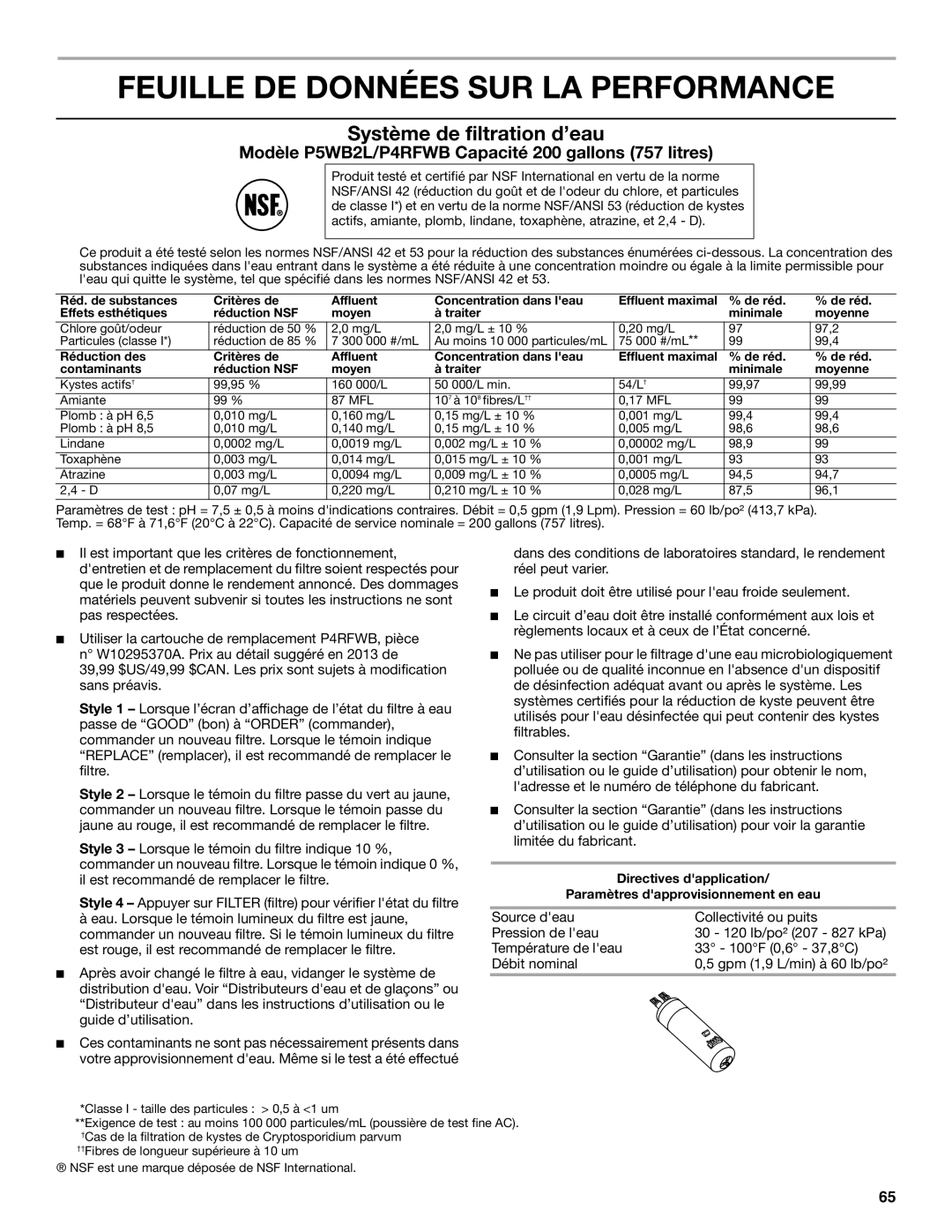 Whirlpool WRS325FDAM, ED2KVEXVB, WRS325FDAW, WRS322FDAM Feuille DE Données SUR LA Performance, Système de filtration d’eau 