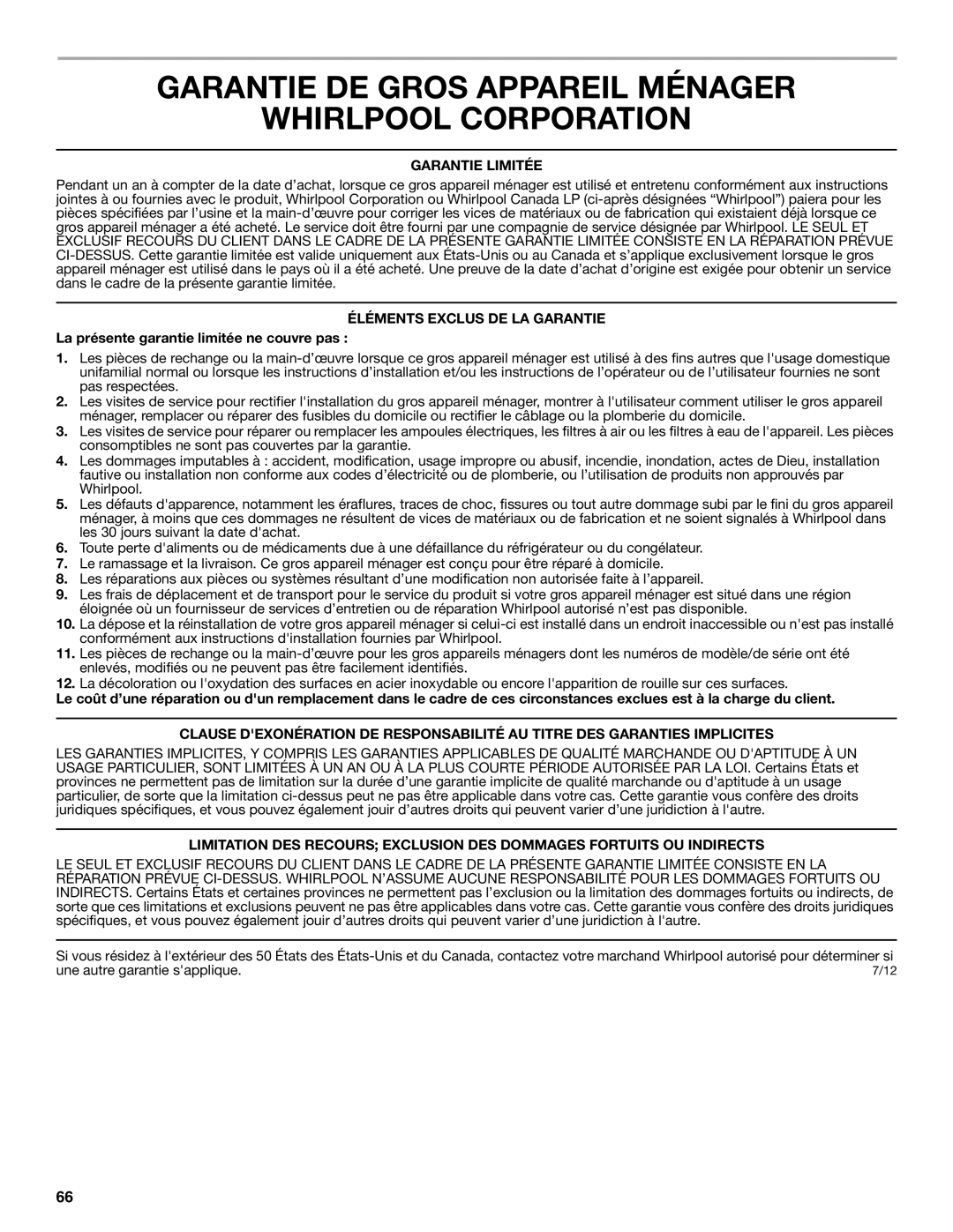 Whirlpool WRS325FDAW, ED2KVEXVB, WRS325FDAM Garantie DE Gros Appareil Ménager Whirlpool Corporation, Garantie Limitée 