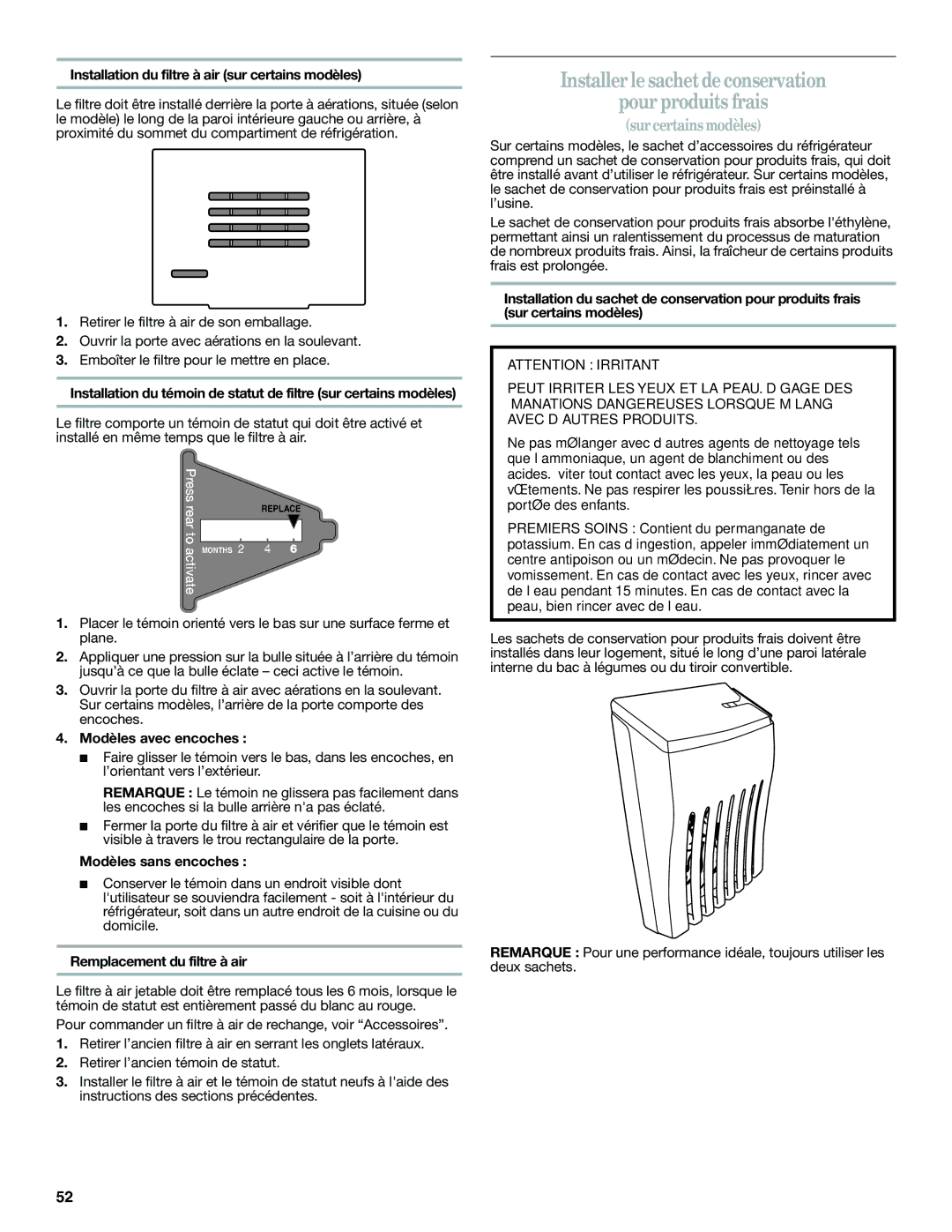 Whirlpool GSF26C4EXB Installer le sachet deconservation Pour produits frais, Modèles avec encoches, Modèles sans encoches 