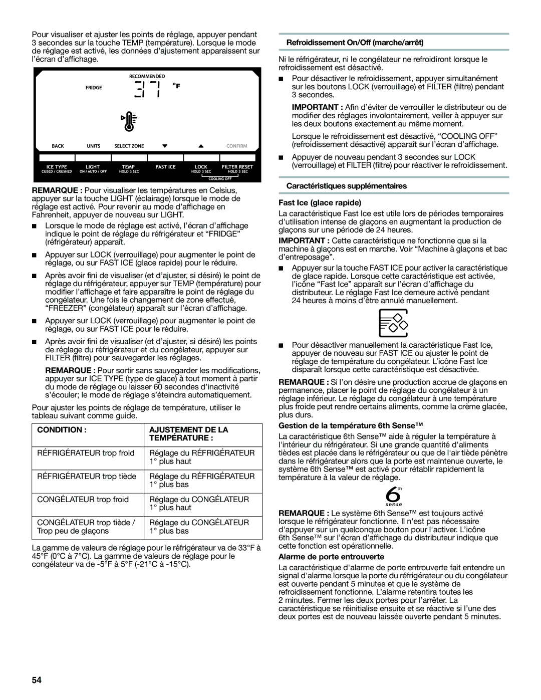 Whirlpool WRS526SIAH, ED2KVEXVQ, ED2KHAXVQ Condition Ajustement DE LA Température, Refroidissement On/Off marche/arrêt 