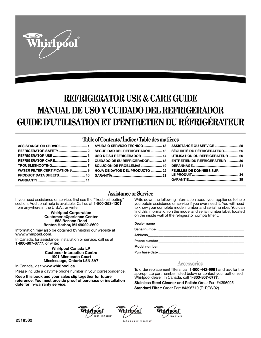 Whirlpool GC5THEXNB01, ED2KVEXVQ01, GD5RHAXRQ00, GD5RHAXRB00, GD5RHAXRL00 warranty Refrigerator USE & Care Guide, Accessories 