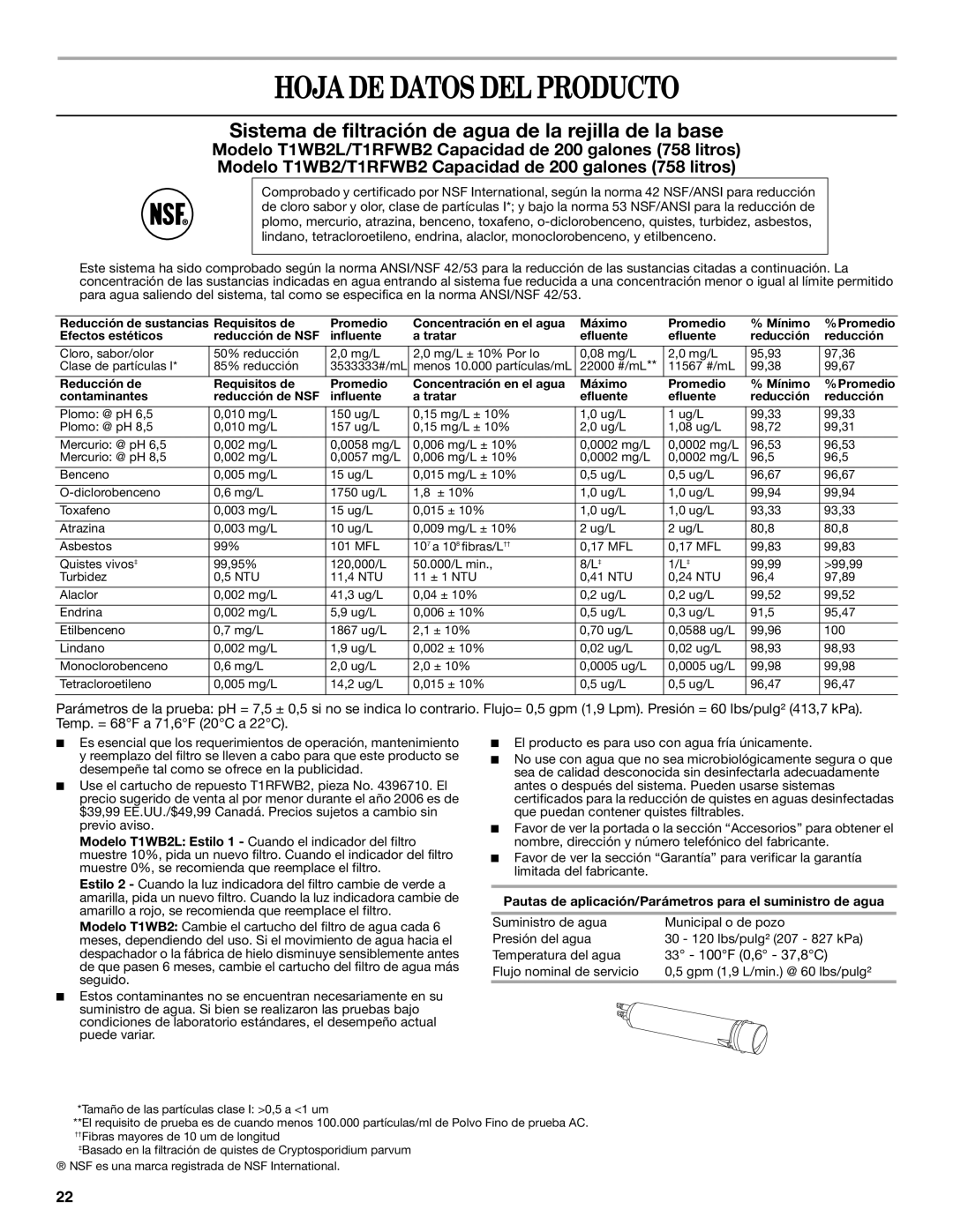 Whirlpool GC5SHEXNQ03, ED2KVEXVQ01 Hoja DE Datos DEL Producto, Sistema de filtración de agua de la rejilla de la base 