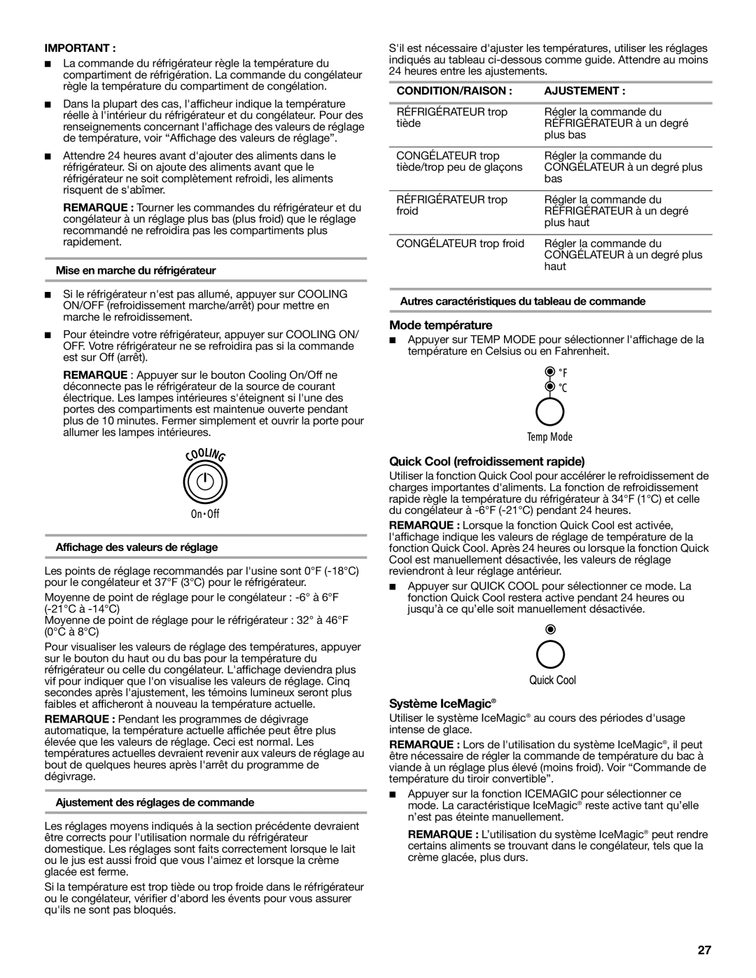 Whirlpool GD5RHAXRB00 Mode température, Quick Cool refroidissement rapide, Système IceMagic, CONDITION/RAISON Ajustement 