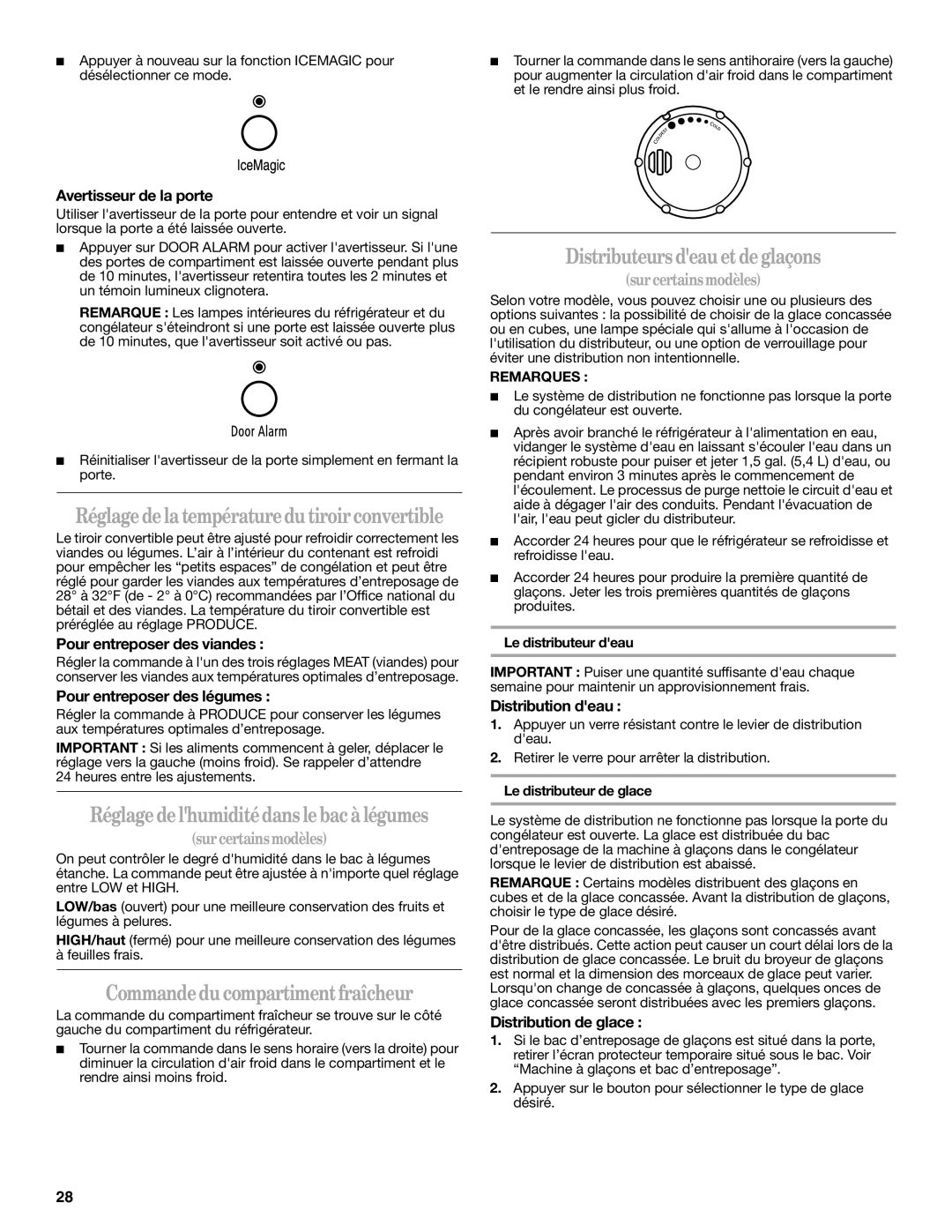 Whirlpool GD5RHAXRL00, ED2KVEXVQ01, GC5THEXNB01 Réglage de lhumiditédans lebacà légumes, Commandedu compartimentfraîcheur 