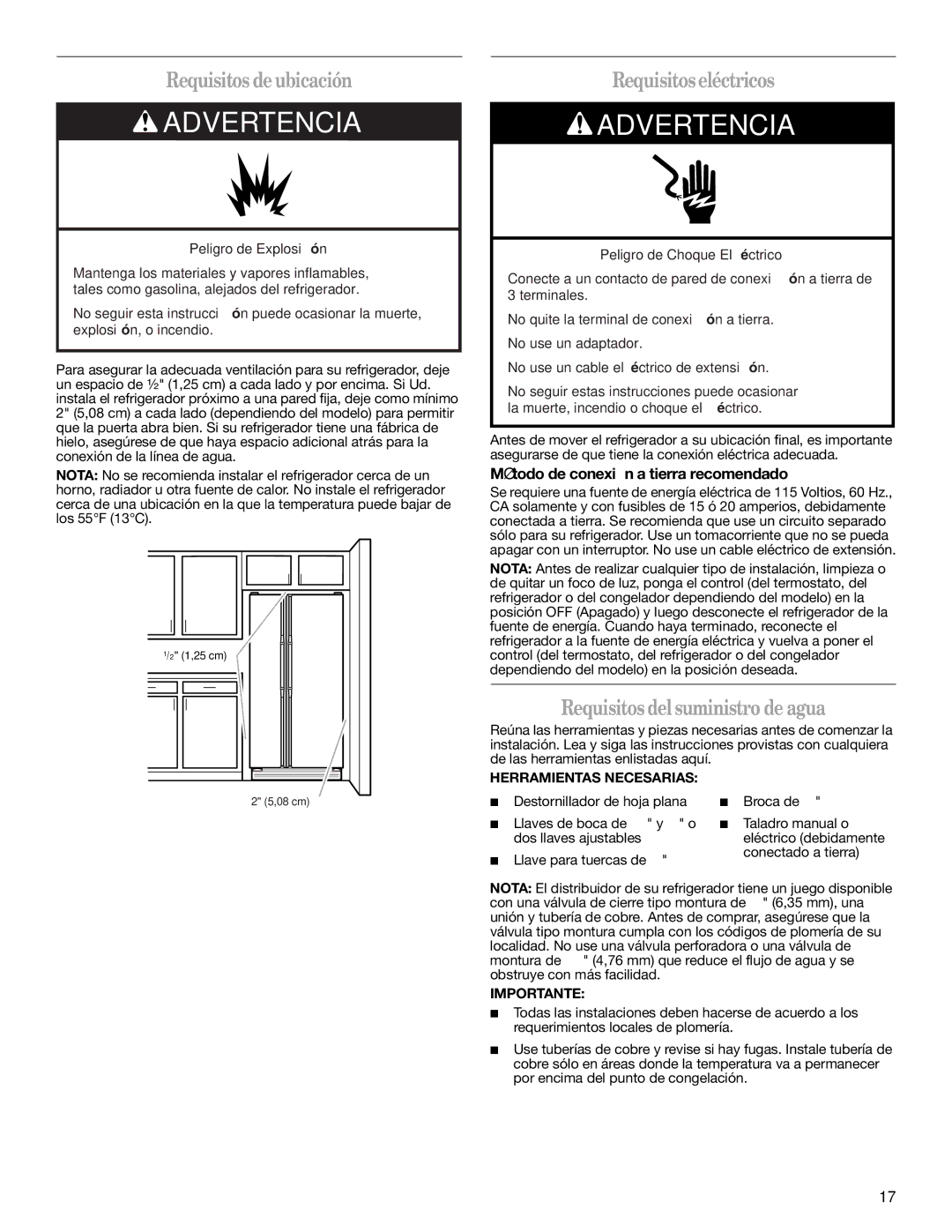 Whirlpool ED2NHEXNL00, ED2LHAXML10 warranty Requisitos deubicación, Requisitoseléctricos, Requisitosdelsuministro de agua 