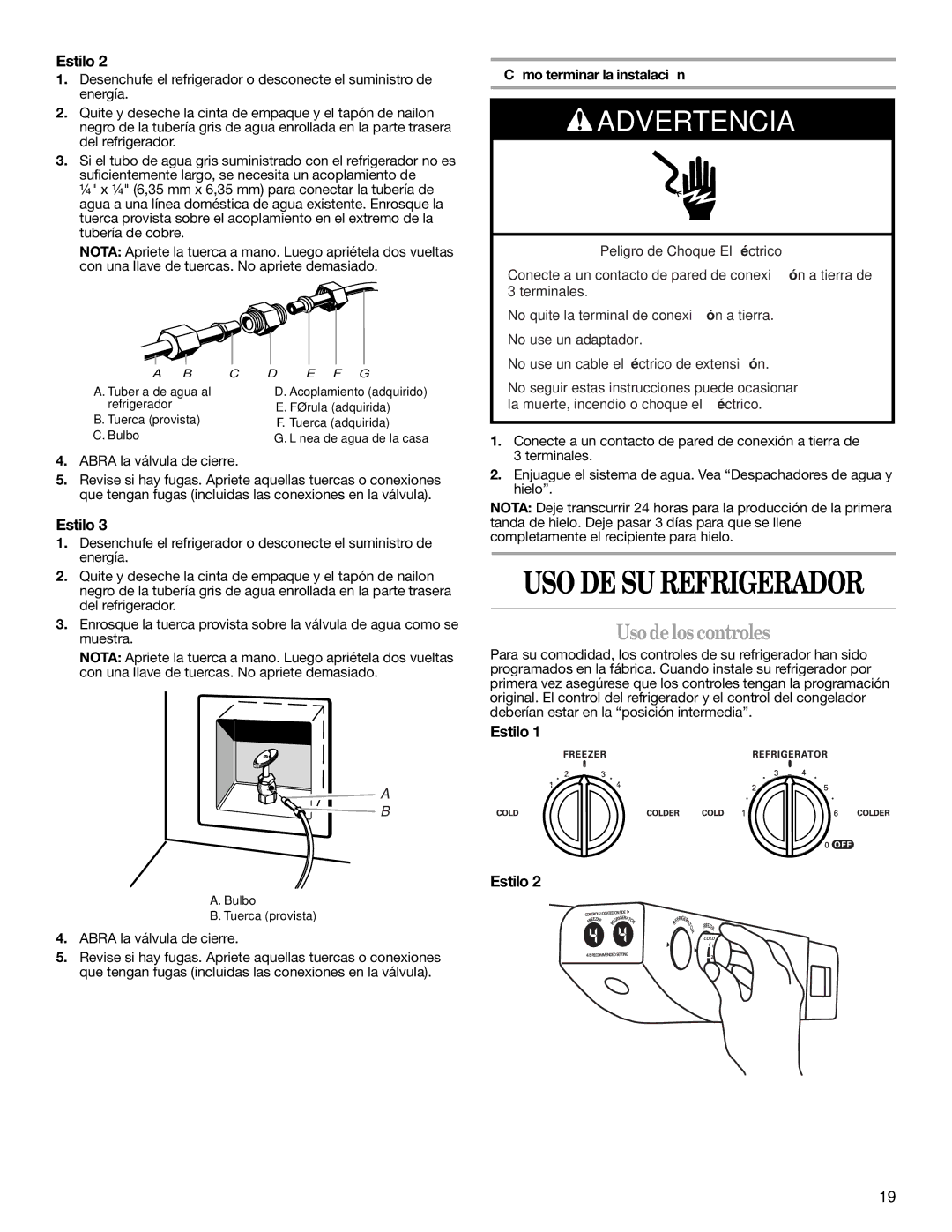 Whirlpool ED2NHAXNQ02, ED2LHAXML10, ED2NHGXRL01 Usodelos controles, Abra la válvula de cierre, Cómo terminar la instalación 