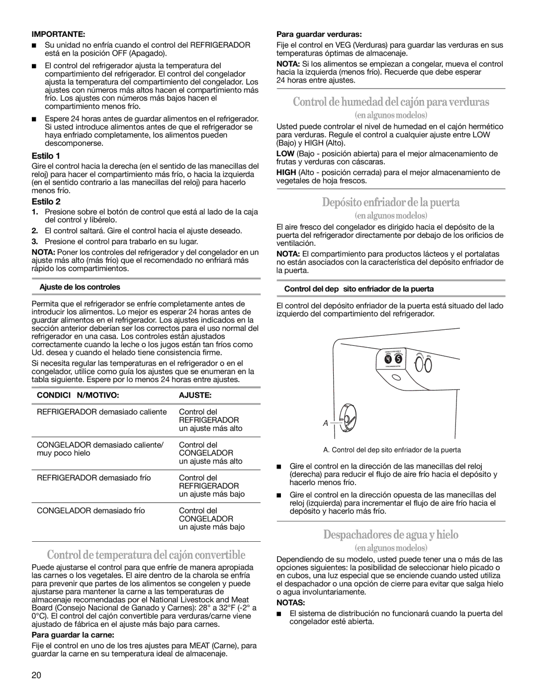 Whirlpool ED2LHAXMT10, ED2LHAXML10 Controldetemperaturadelcajón convertible, Control dehumedaddel cajón paraverduras 