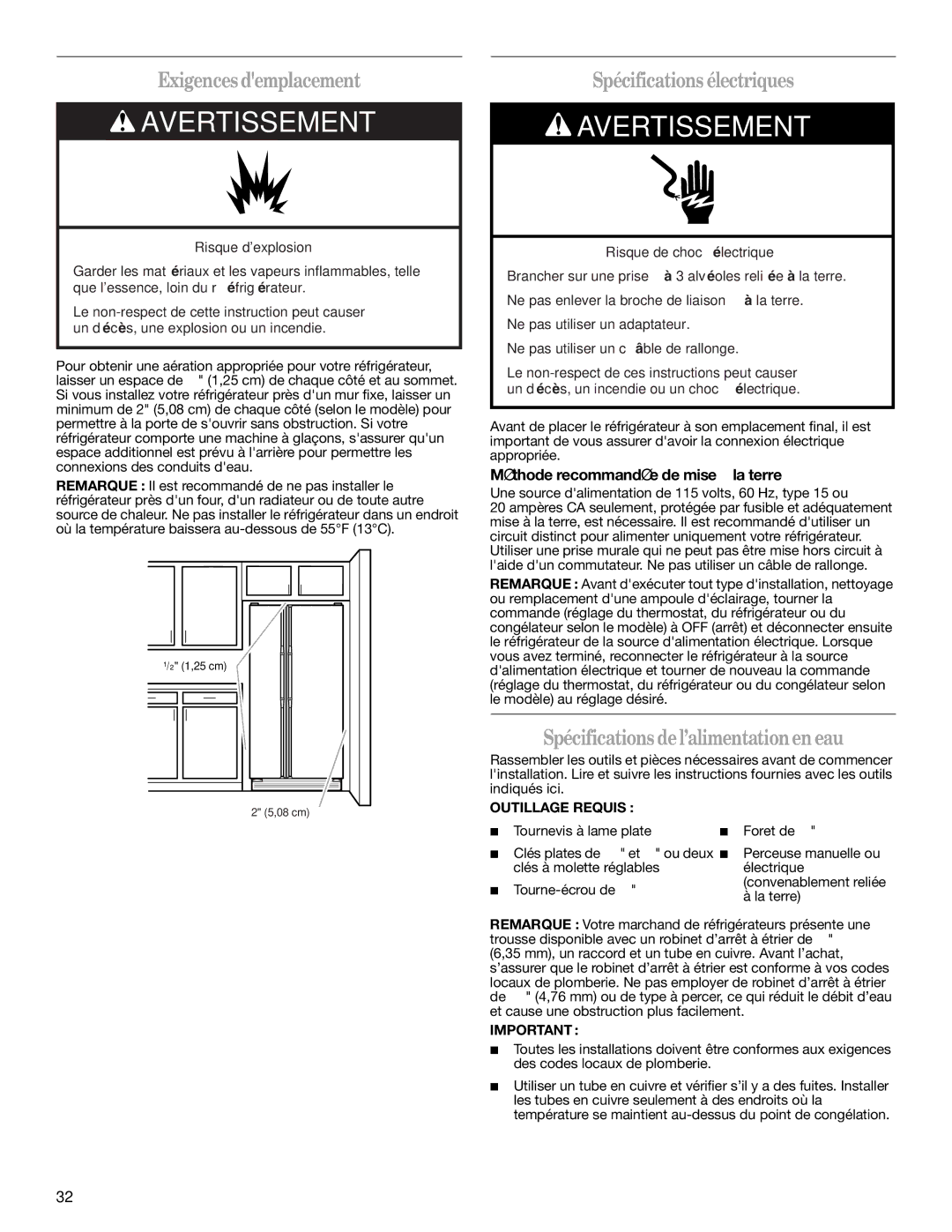 Whirlpool ED2LHAXML10 warranty Exigences demplacement, Spécifications électriques, Spécifications del’alimentationen eau 