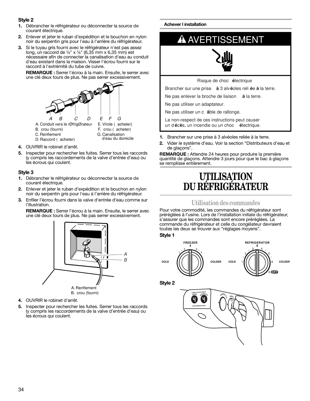 Whirlpool ED2NHGXRQ01, ED2LHAXML10 warranty Utilisation DU Réfrigérateur, Utilisationdes commandes, Achever l’installation 