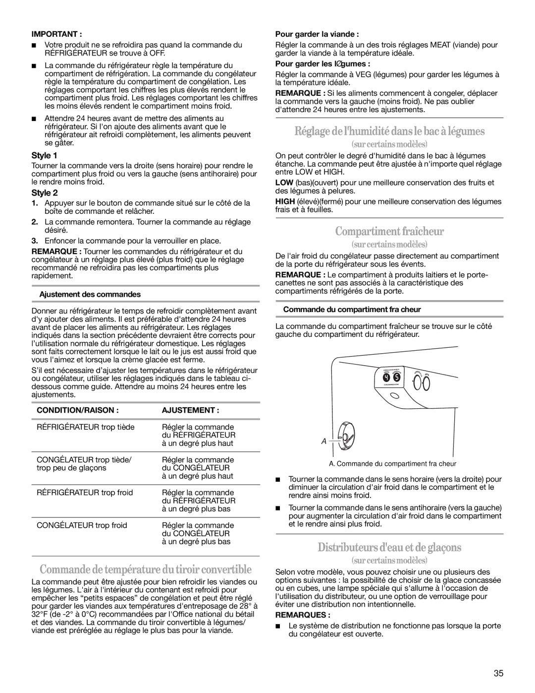 Whirlpool ED2NHGXMT10 warranty Réglagedelhumiditédanslebacà légumes, Compartimentfraîcheur, Distributeurs deauetdeglaçons 