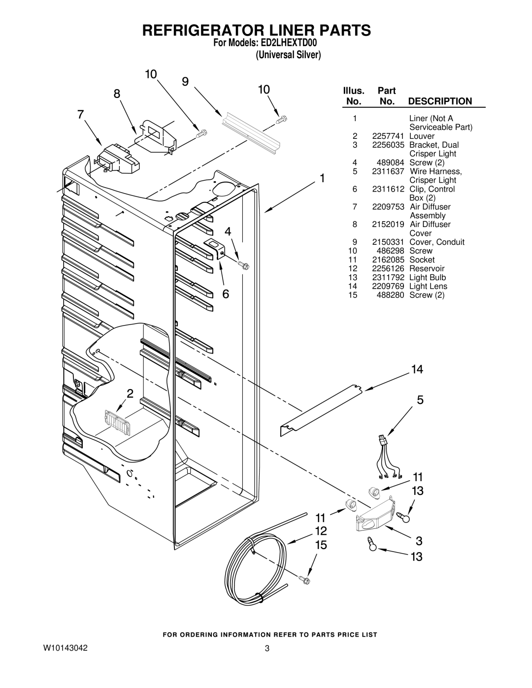 Whirlpool manual Refrigerator Liner Parts, For Models ED2LHEXTD00 Universal Silver 