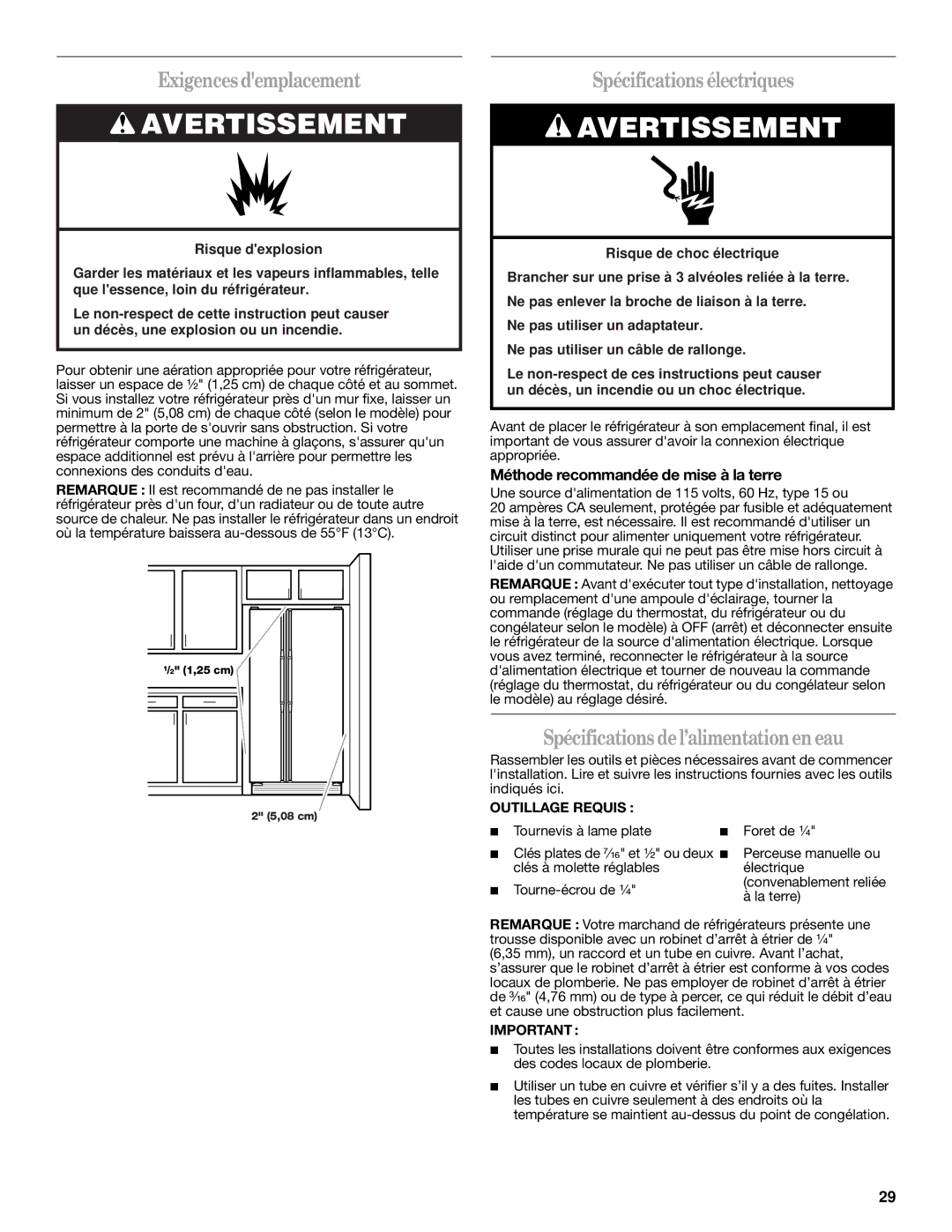 Whirlpool ED5VHGXMQ11 warranty Exigences demplacement, Spécifications électriques, Spécifications del’alimentationen eau 