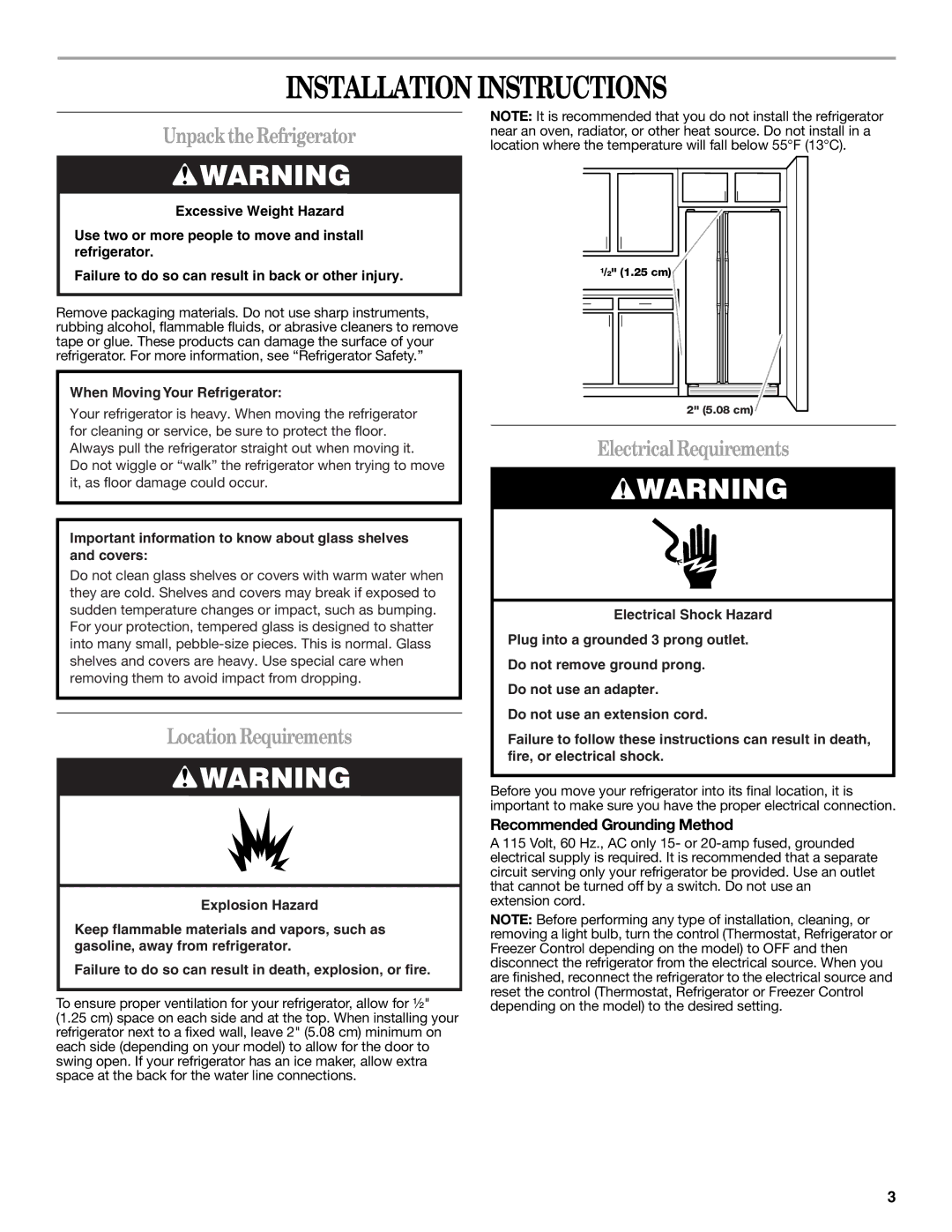 Whirlpool ED2PHEXNT00 Installation Instructions, UnpacktheRefrigerator, LocationRequirements, Electrical Requirements 