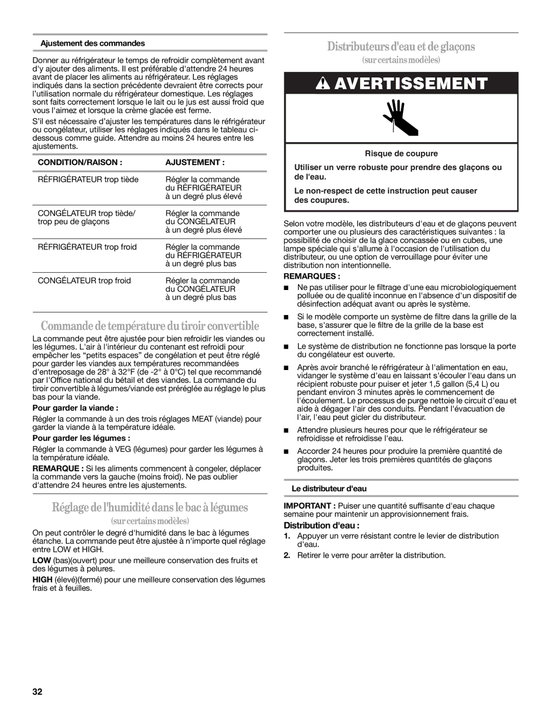 Whirlpool ED7FHEXMT00 Réglagedelhumiditédans lebacà légumes, Distributeurs deauetdeglaçons, Distribution deau, Remarques 