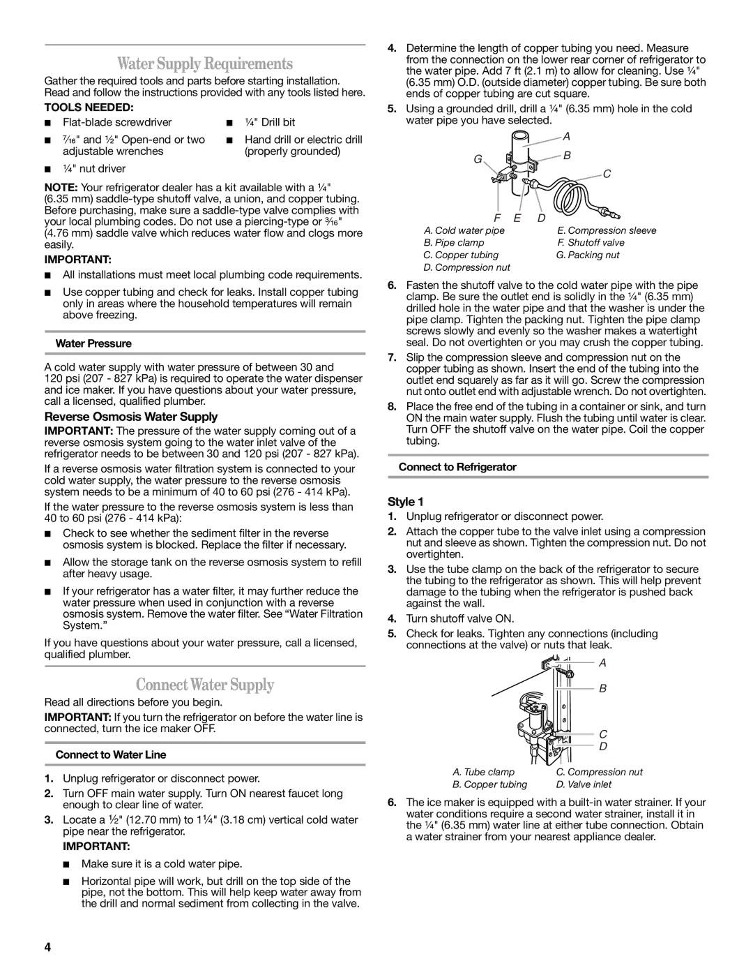 Whirlpool ED5FHEXNB01 Water Supply Requirements, ConnectWater Supply, Reverse Osmosis Water Supply, Style, Tools Needed 