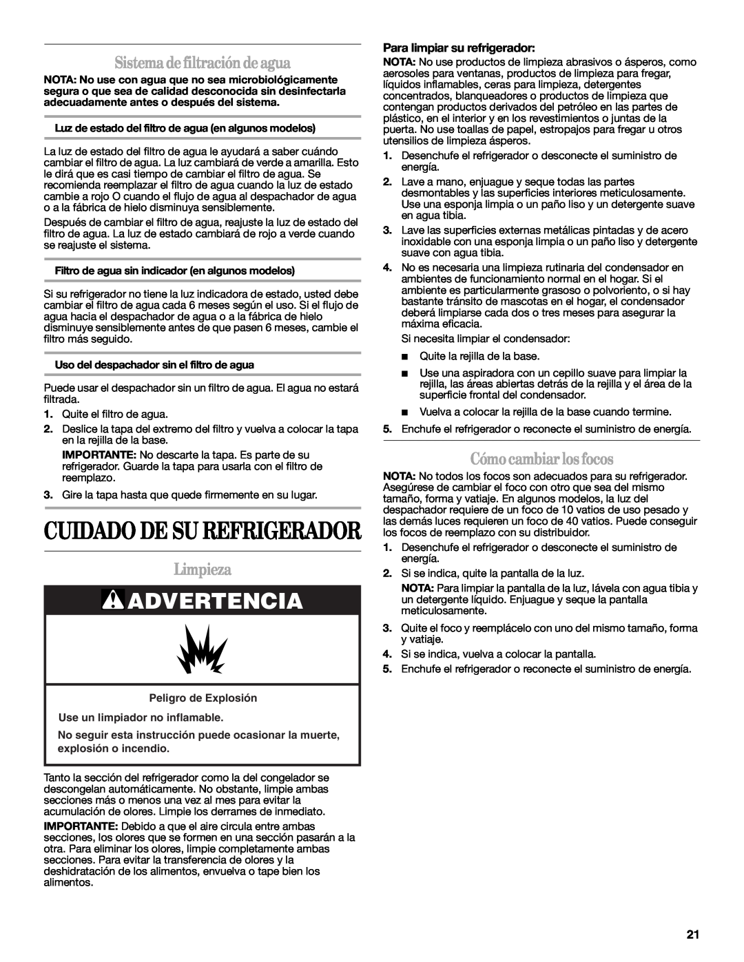 Whirlpool ED5GHEXNB01 Sistemadefiltracióndeagua, Limpieza, Cómocambiarlosfocos, Para limpiar su refrigerador, Advertencia 