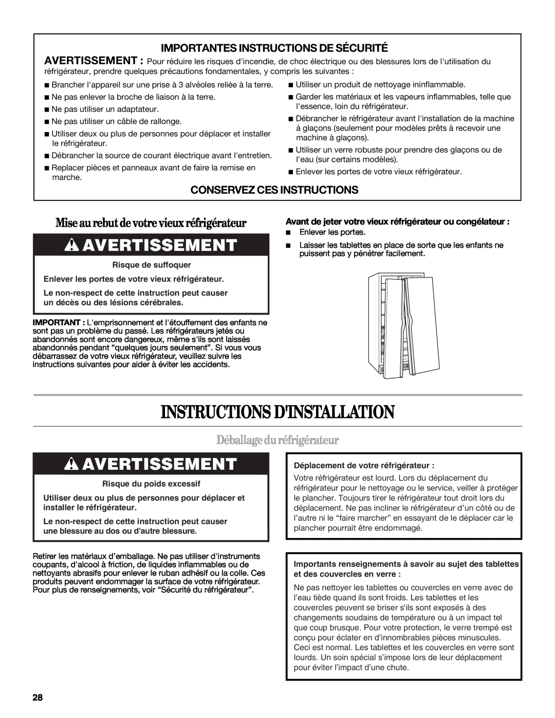 Whirlpool ED5VHGXML11, ED2PHEXNQ00 warranty Instructions Dinstallation, Avertissement, Miseau rebutdevotrevieuxréfrigérateur 